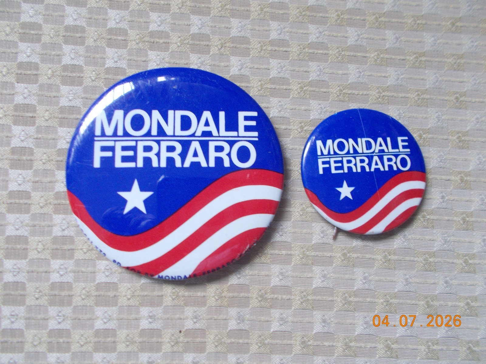 2 Mondale Ferraro Presidential Campaign Buttons: One 1-3/8″ and One 2-1/4″