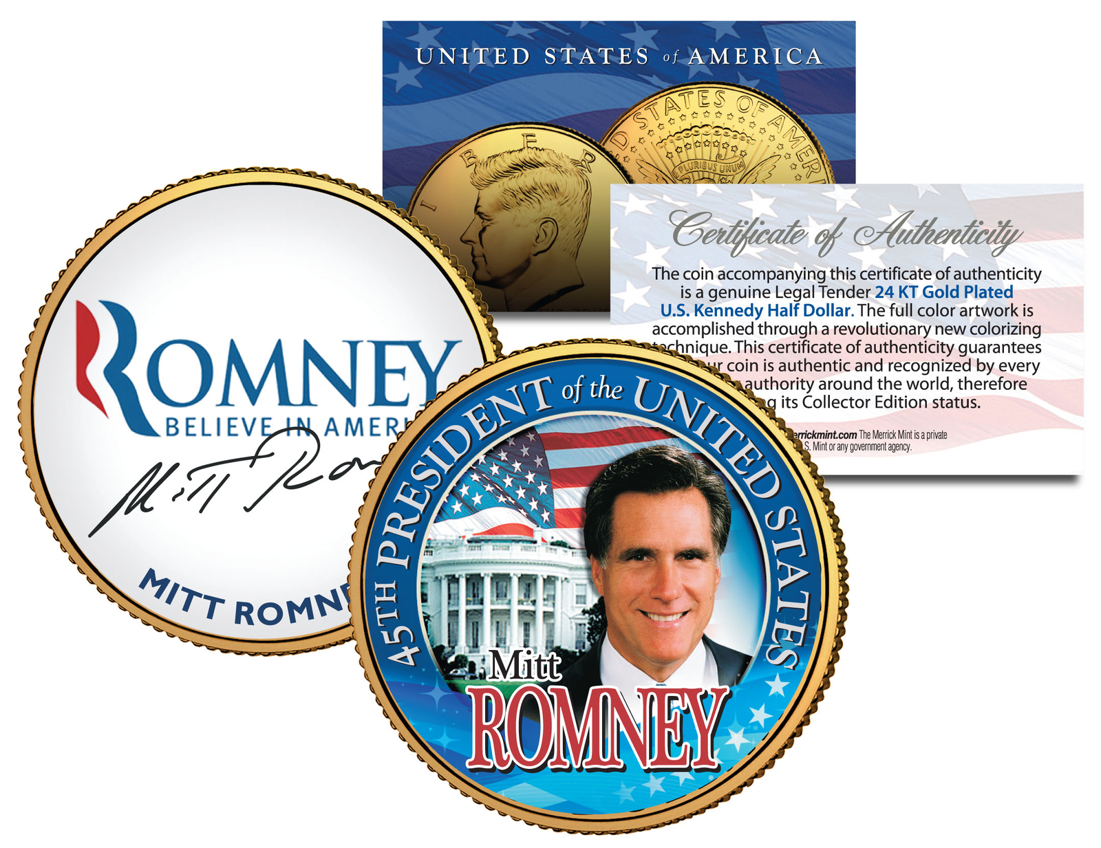 President MITT ROMNEY 24K Gold Plated JFK Half Dollar Colorized Coin RARE PROMO