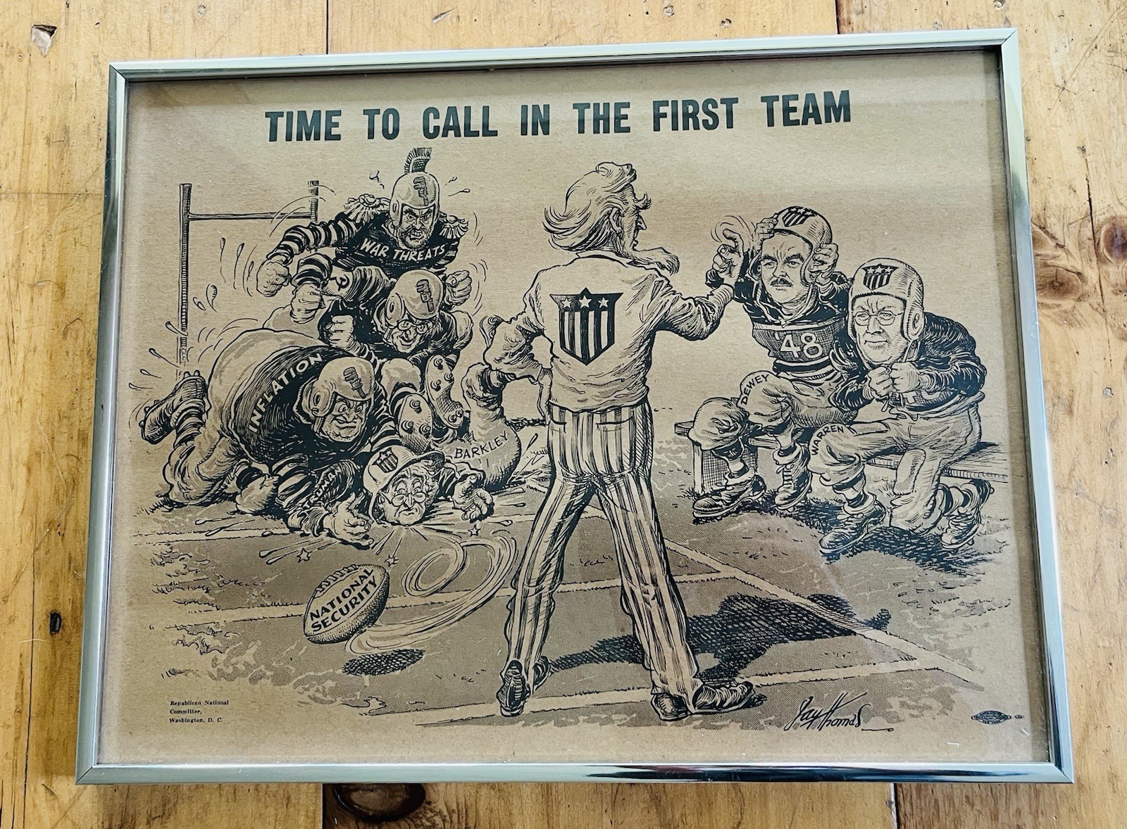 RARE VINTAGE DEWEY & WARREN 1948 UNCLE SAM FOOTBALL POSTER, FRAMED!