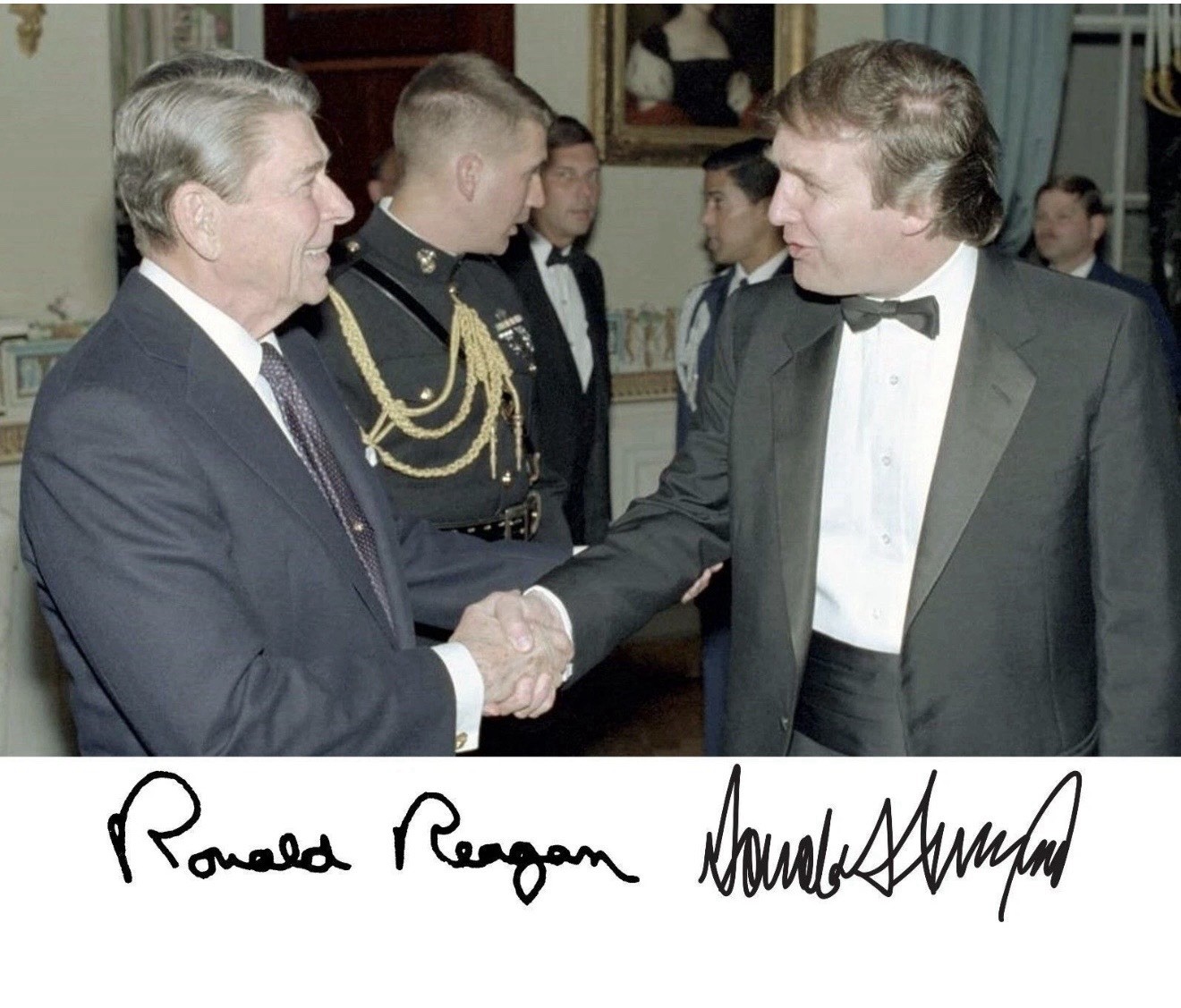 PRESIDENT DONALD TRUMP & RONALD REAGAN SHAKING HANDS AUTOGRAPHED 8X10 PHOTOGRAPH