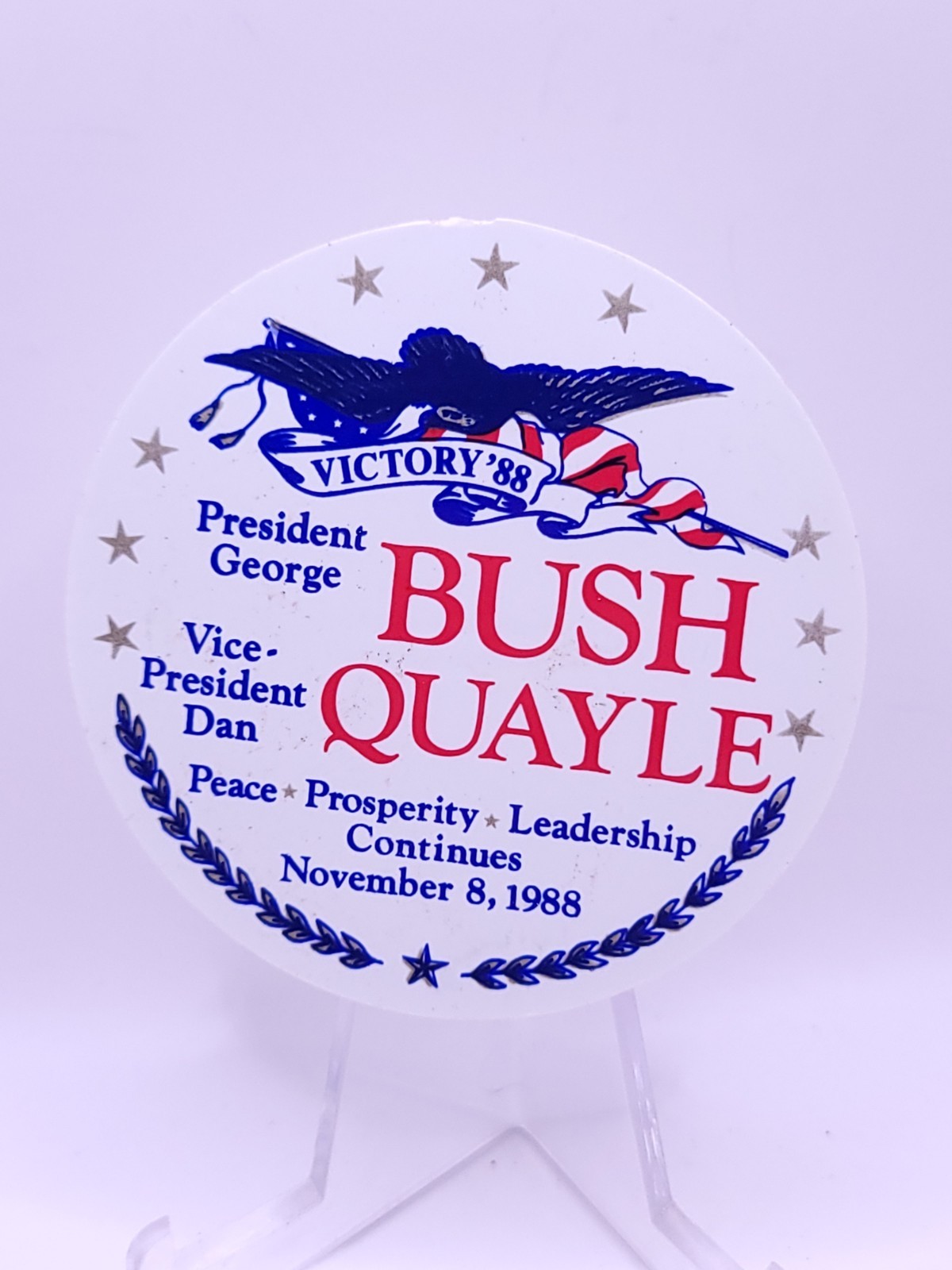 1988 George H.W. Bush Quayle Campaign Pin Button Peace Prosperity Progress