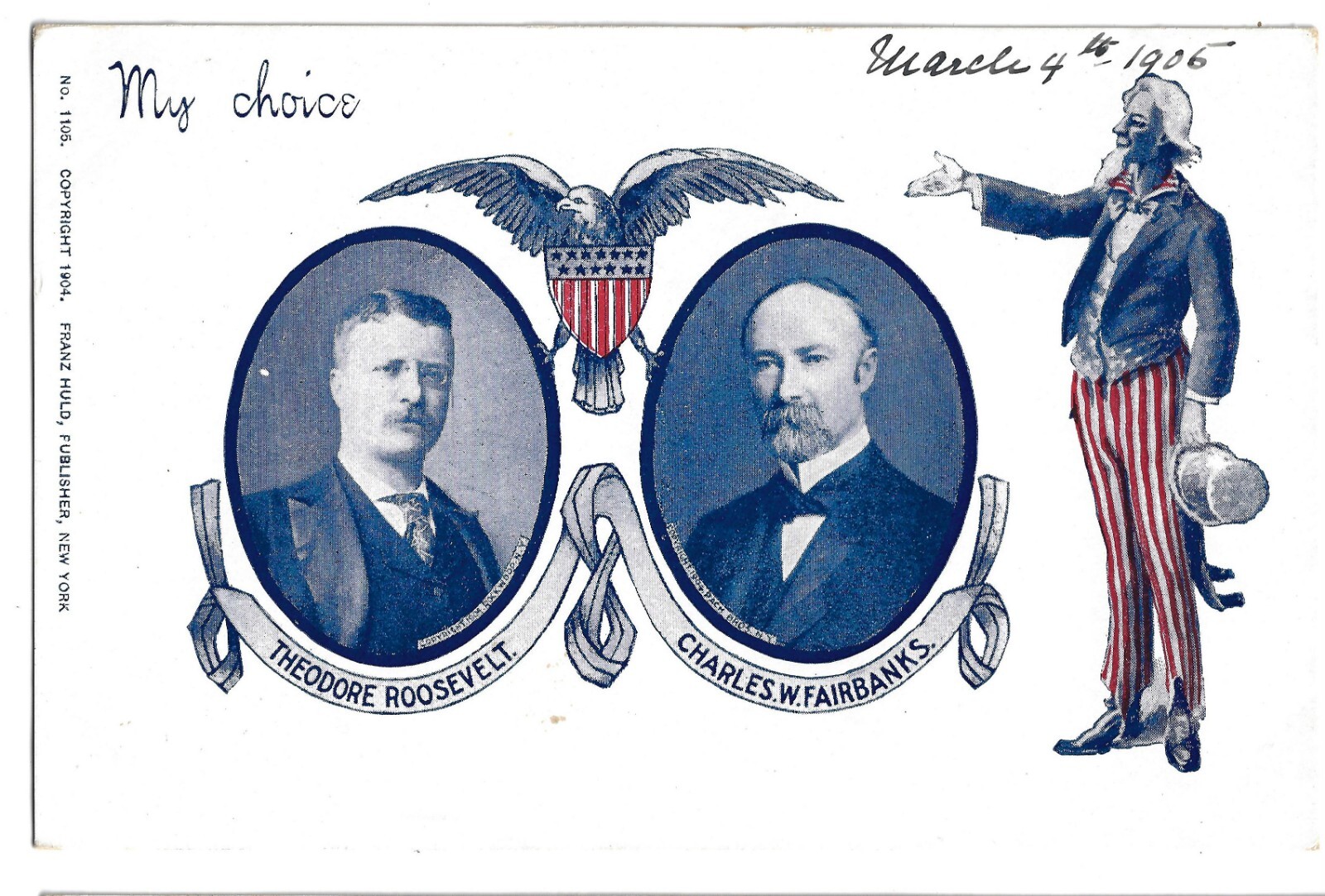 1904 Uncle Sam Teddy Roosevelt Charles Fairbanks Jugate Prez Campaign Postcard B