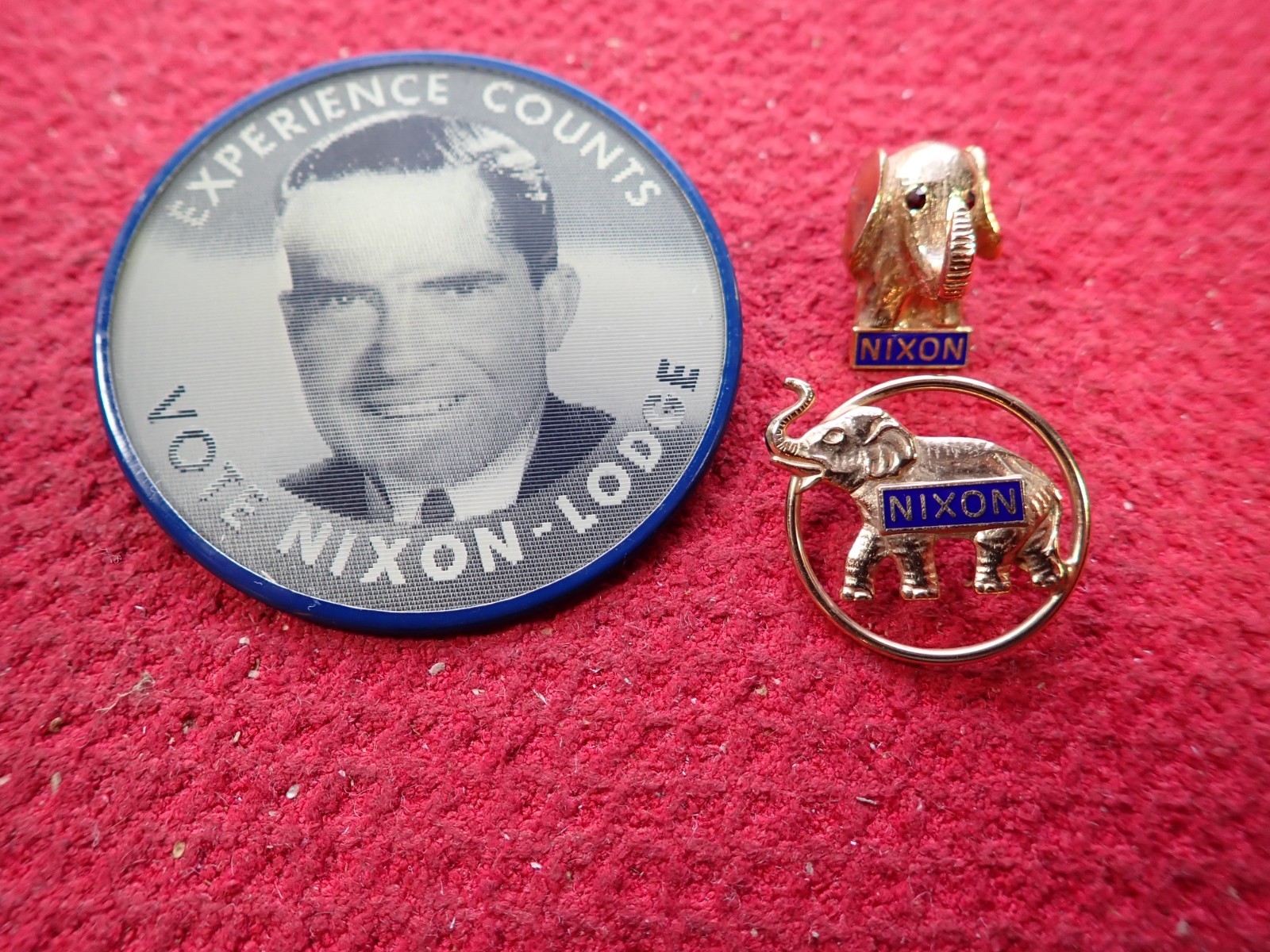 Political Campaign Nixon Lodge Flasher Pin & Two Nixon Elephant Pins