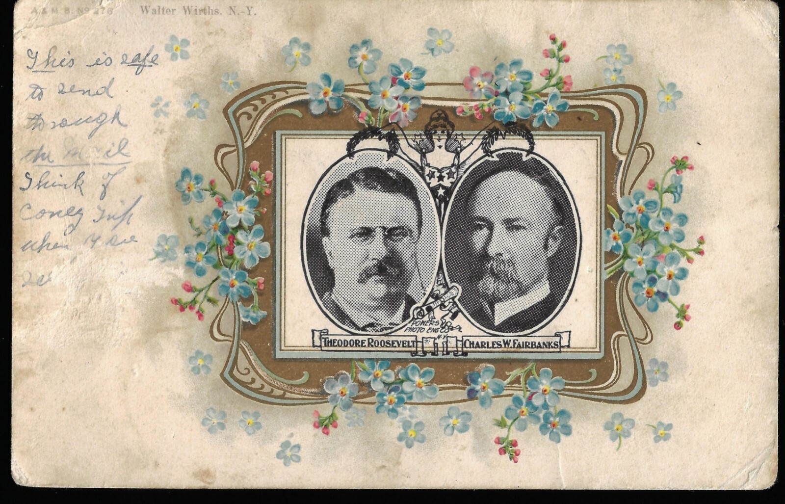 HTF 1904 Great Graphics Roosevelt Fairbanks Jugate Prez Campaign Postcard Flower