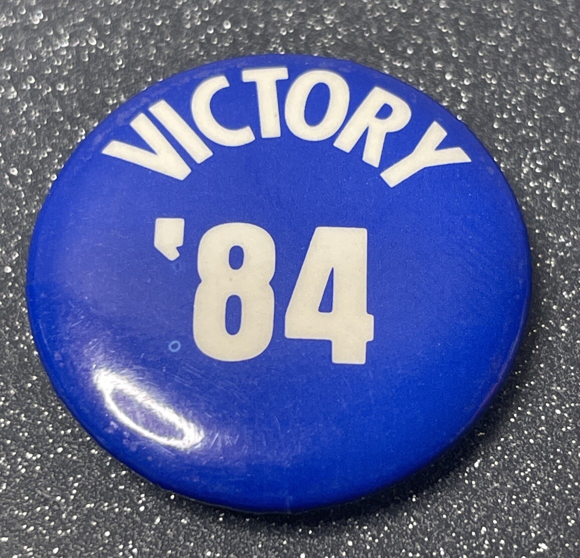 Victory ’84 Pin Vintage Blue Background White Lettering