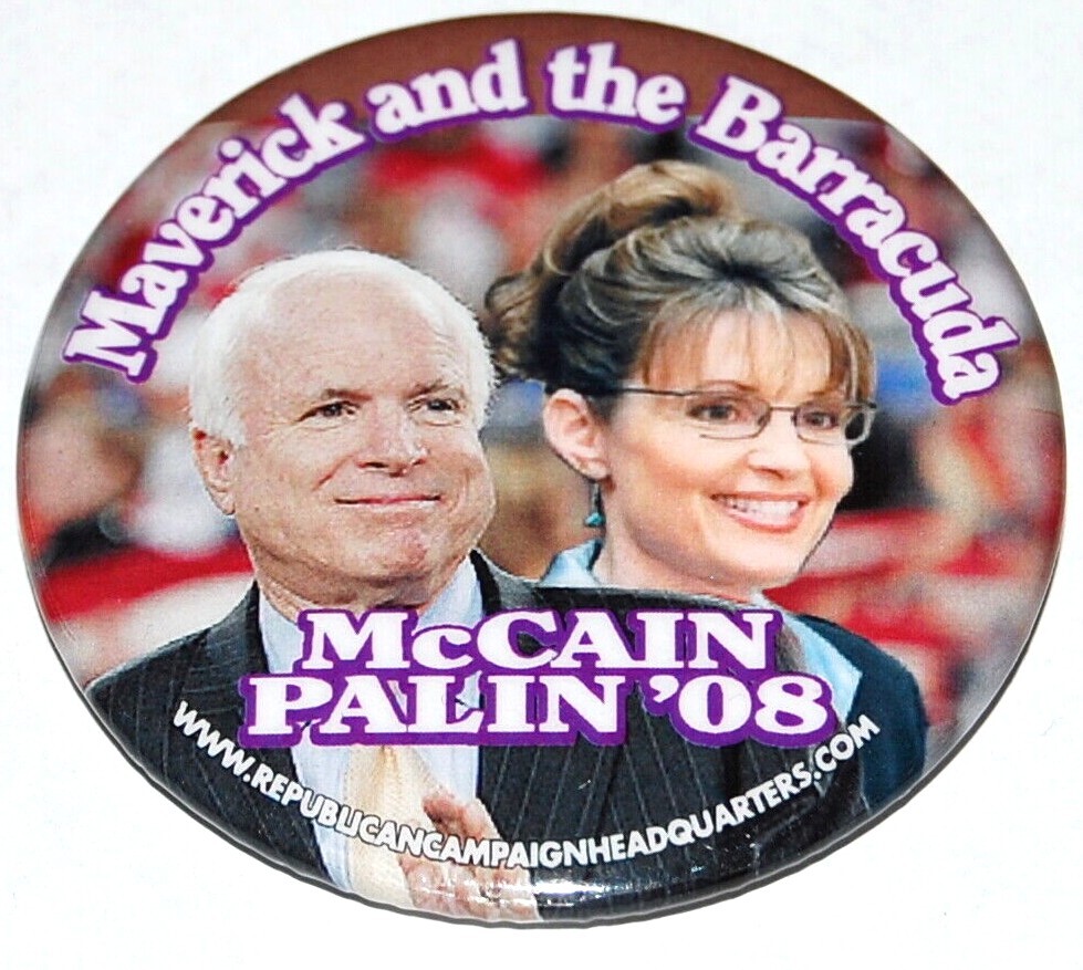 2008 JOHN MCCAIN SARAH PALIN Maverick Barracuda pin pinback button president