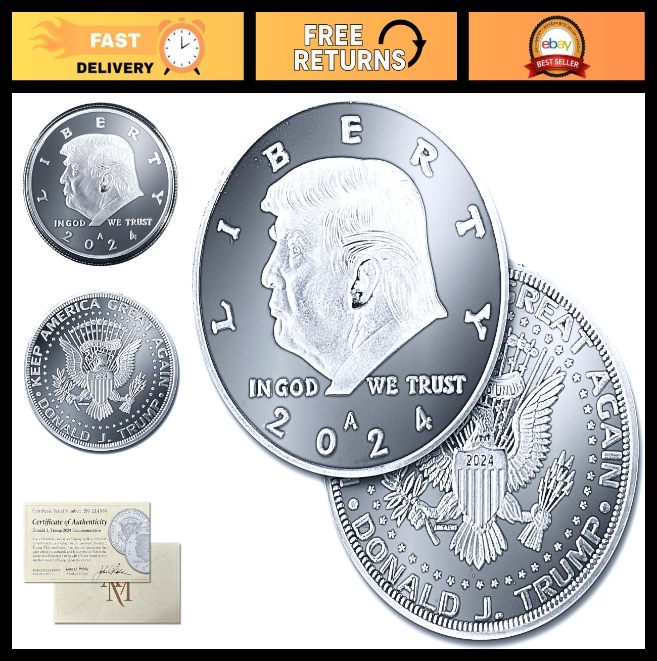 2024 Silver Coin with Certificate of Authenticity, Trump Collectible, 38mm x 2mm