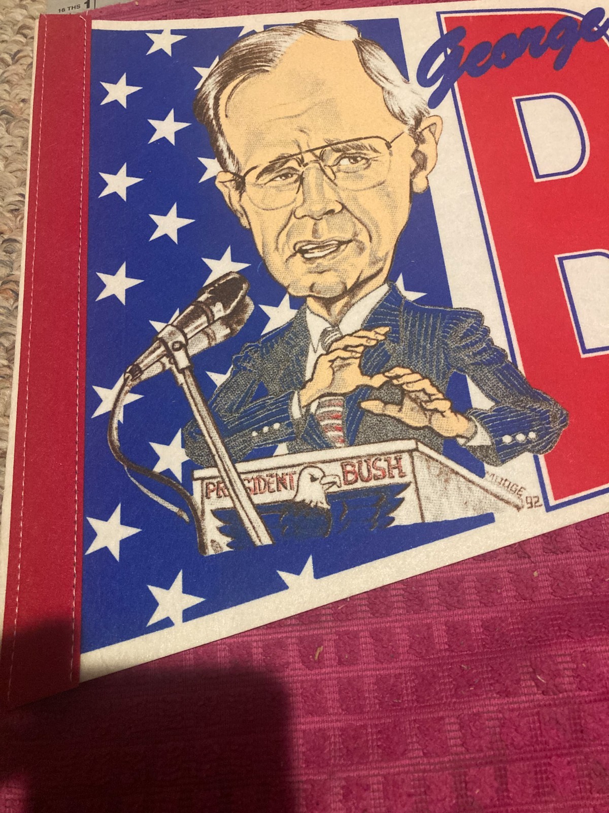 VTG 1992 George Bush Presidential Campaign Cartoon Pennant Caricature -SHIP FAST