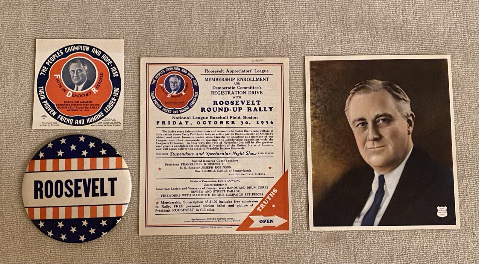 1936 FDR Franklin Roosevelt Group If 4 Campaign Items Including 6 Inch Celluloid