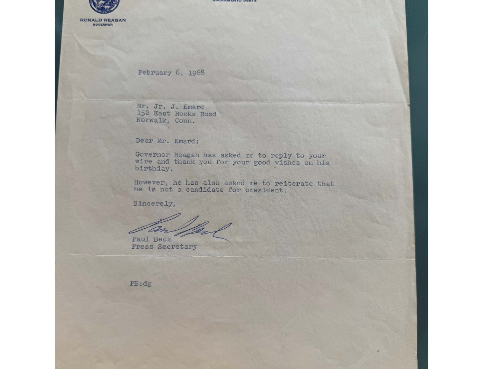 Ronald Reagan note from CA Govenor’s office, Reagan is not running for POUTS