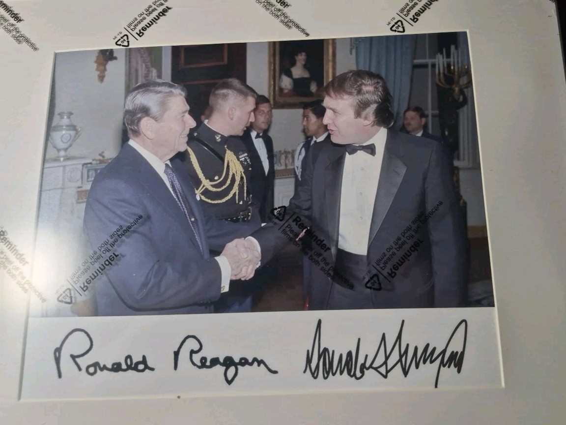 PRESIDENT DONALD TRUMP & RONALD REAGAN SHAKING HANDS FRAMED AUTOGRAPHED 8X10