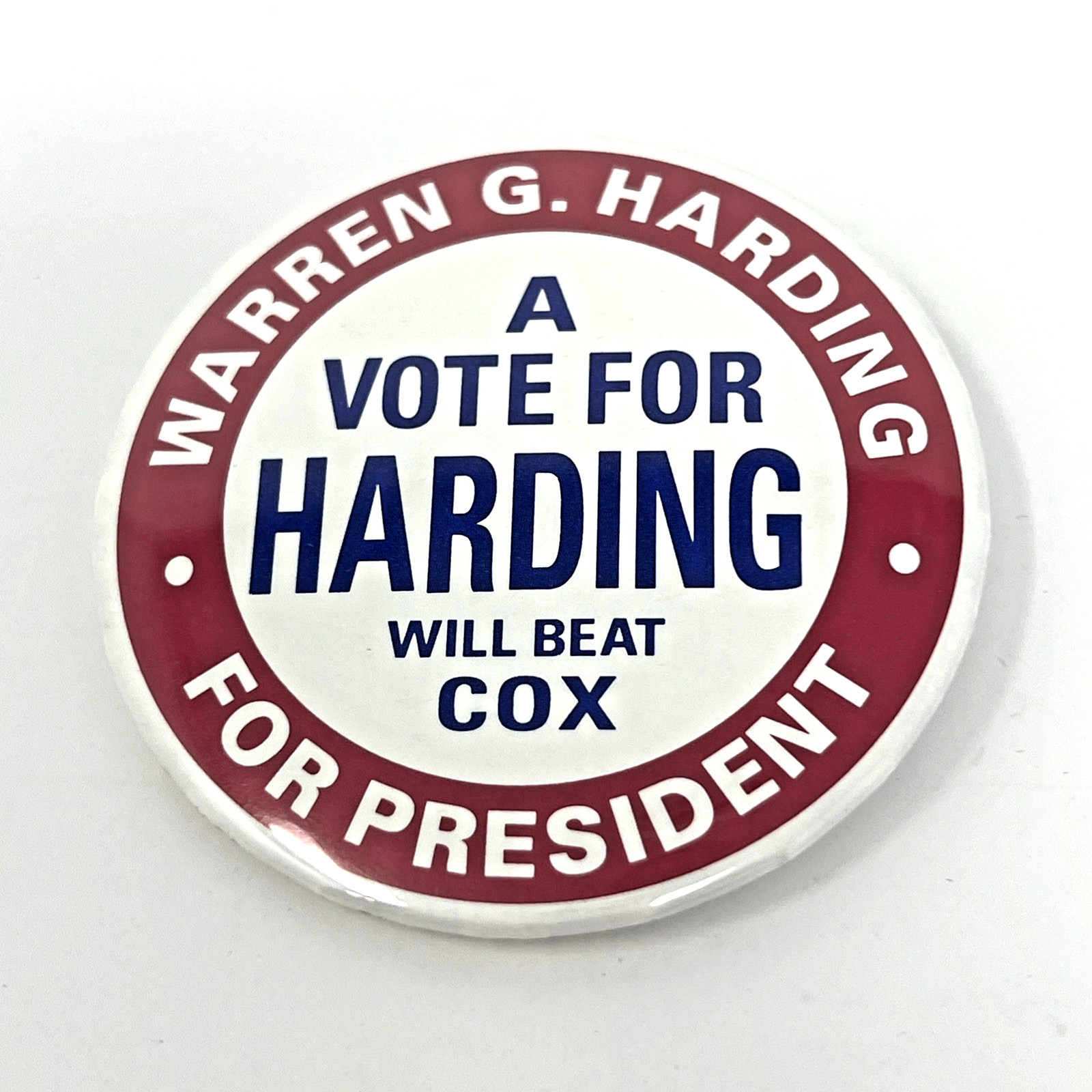 Warren G. Harding For President Button, Harding Will Beat Cox, Reproduction 1996