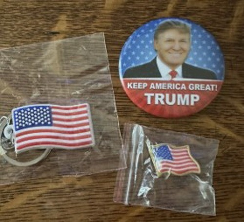 US Flag, Keychain, Donald Trump Pin Button New in Packages
