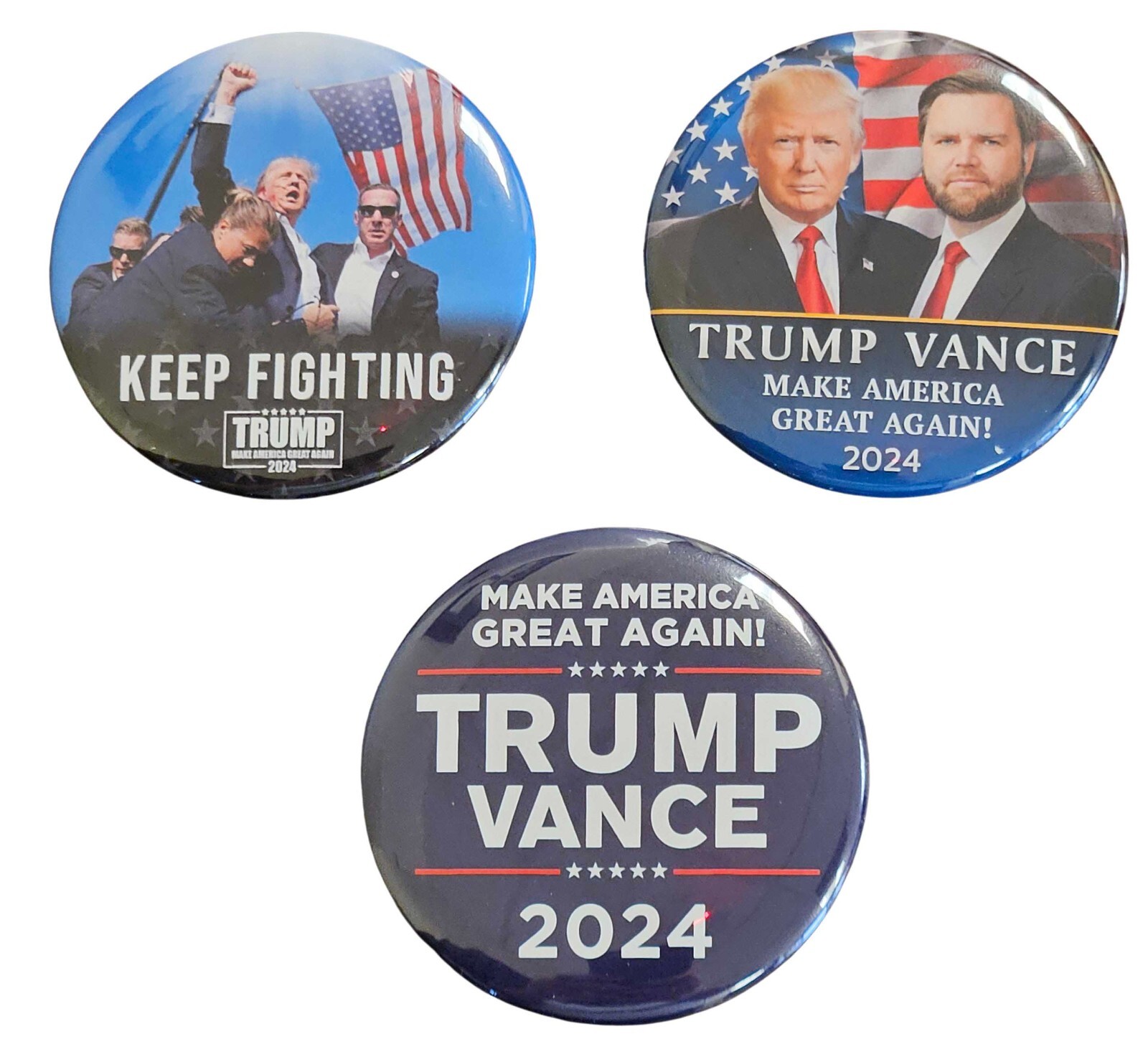 Donald Trump JD Vance Keep Fighting & Make America Great Again Campaign Buttons