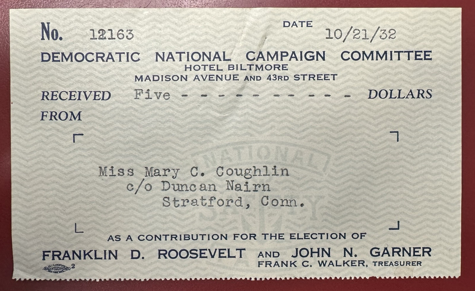 Franklin D. Roosevelt & John N. Garner, 1932 Democratic Campaign Receipt