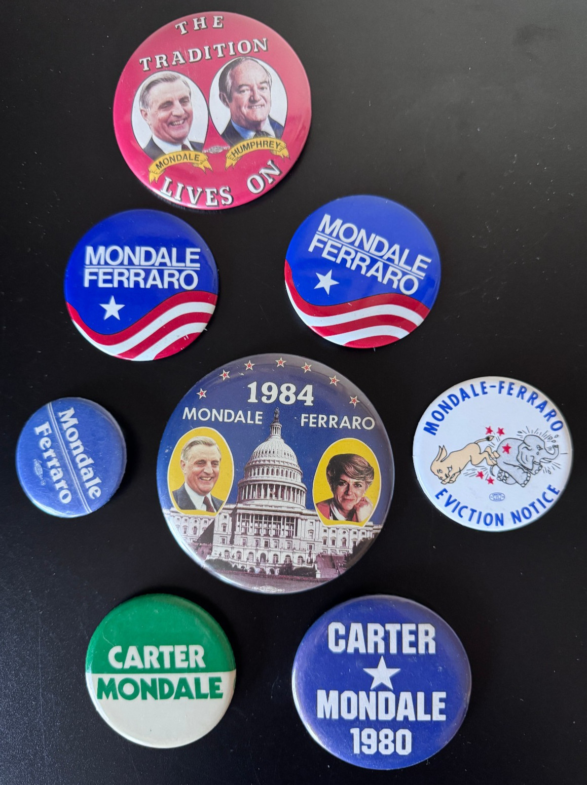 Lot of 8 US Political Pinback Buttons Mondale Ferraro1984 Humphrey1968 Carter80