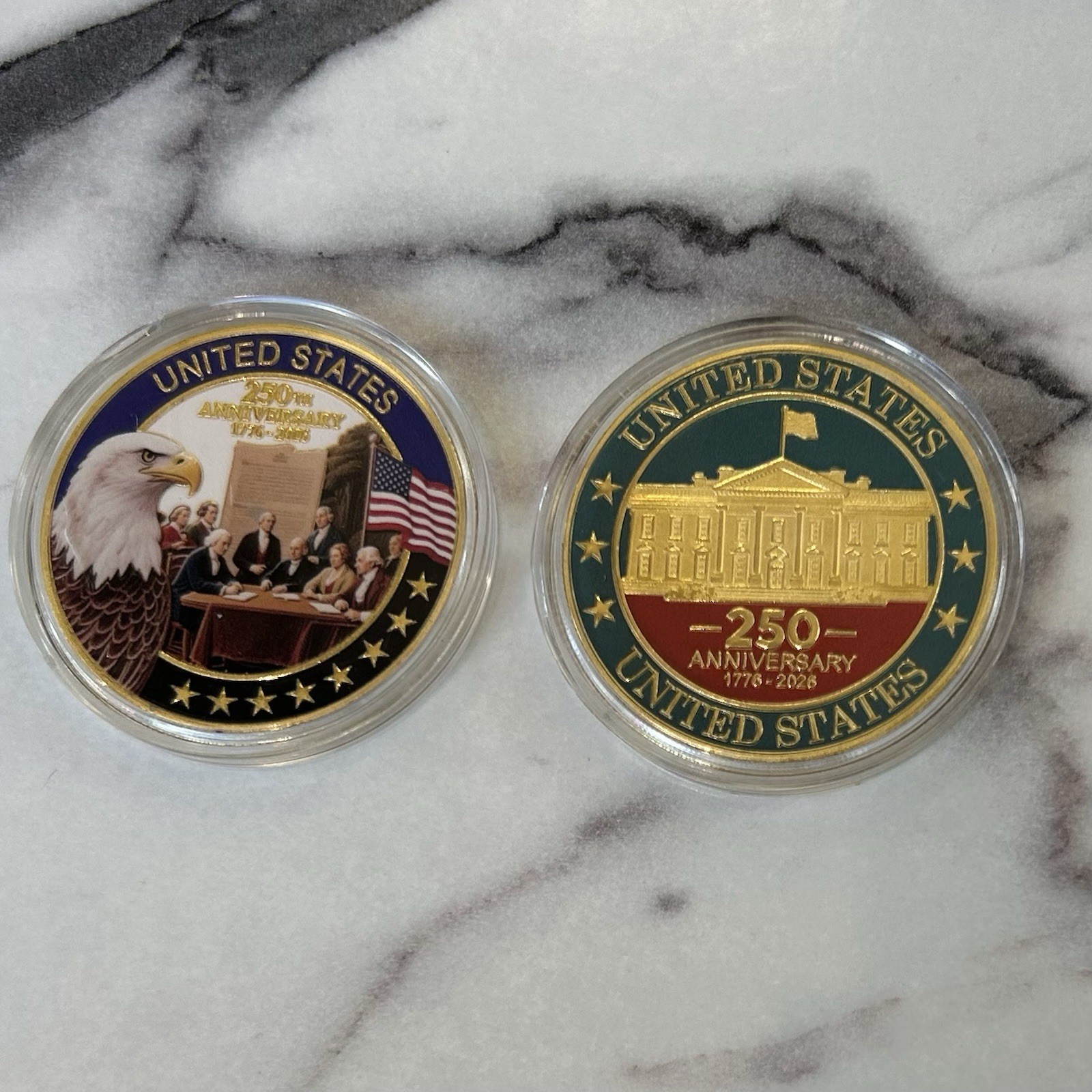 4 TRUMP CHALLENGE COIN GOLD ENAMEL PRESIDENT EAGLE SEAL WOOD BOX REPUBLICAN MAGA