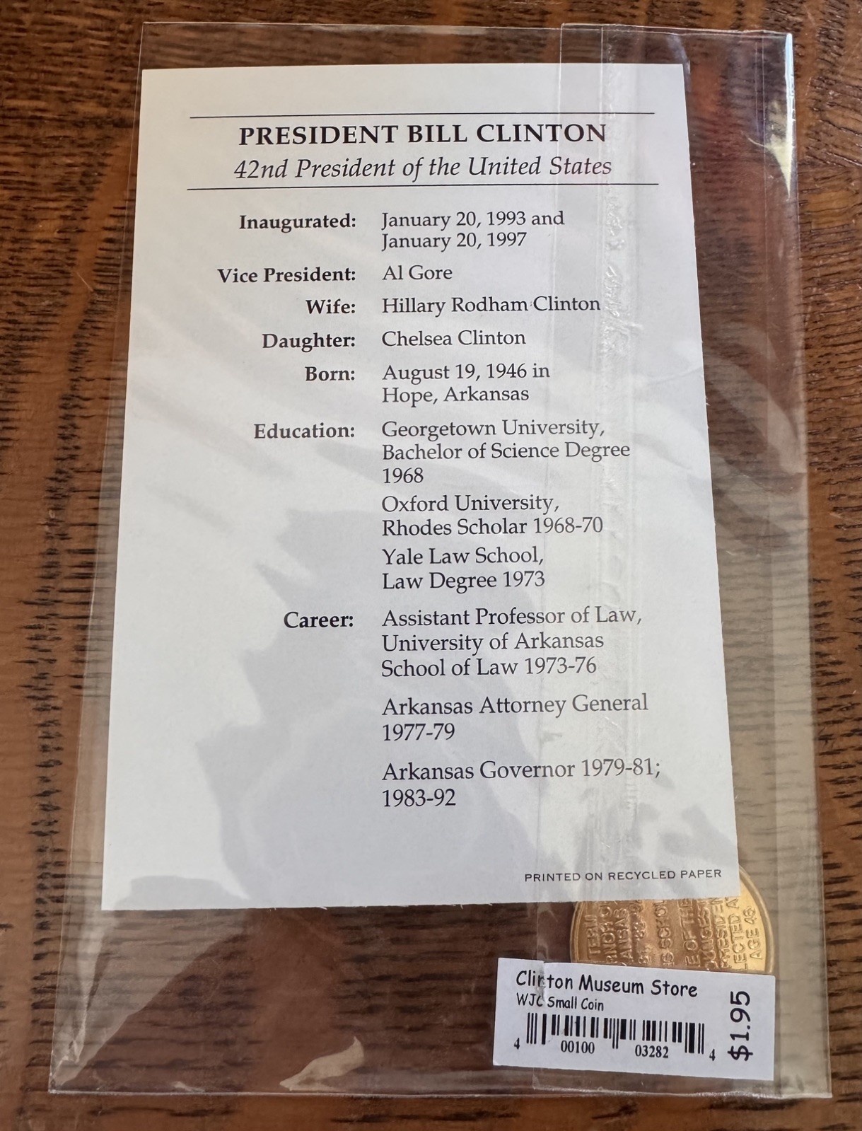 Bill Clinton Presidential Commemorative Coin 1993 w/ Info Card Plus 6 Post Cards