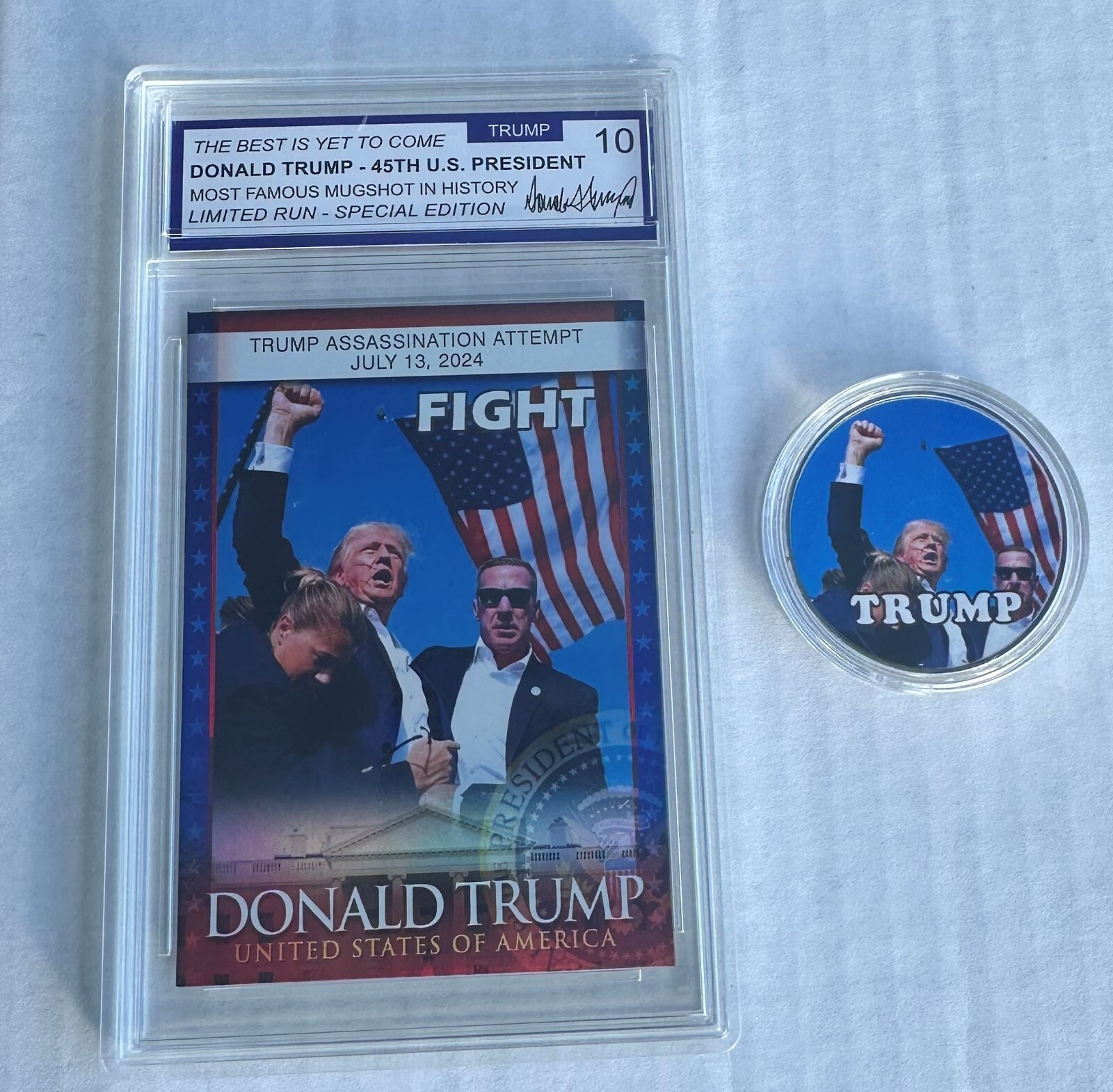 Donald Trump 2024 Shooting Assassination Collectible Trading Card & Bonus Coin!!