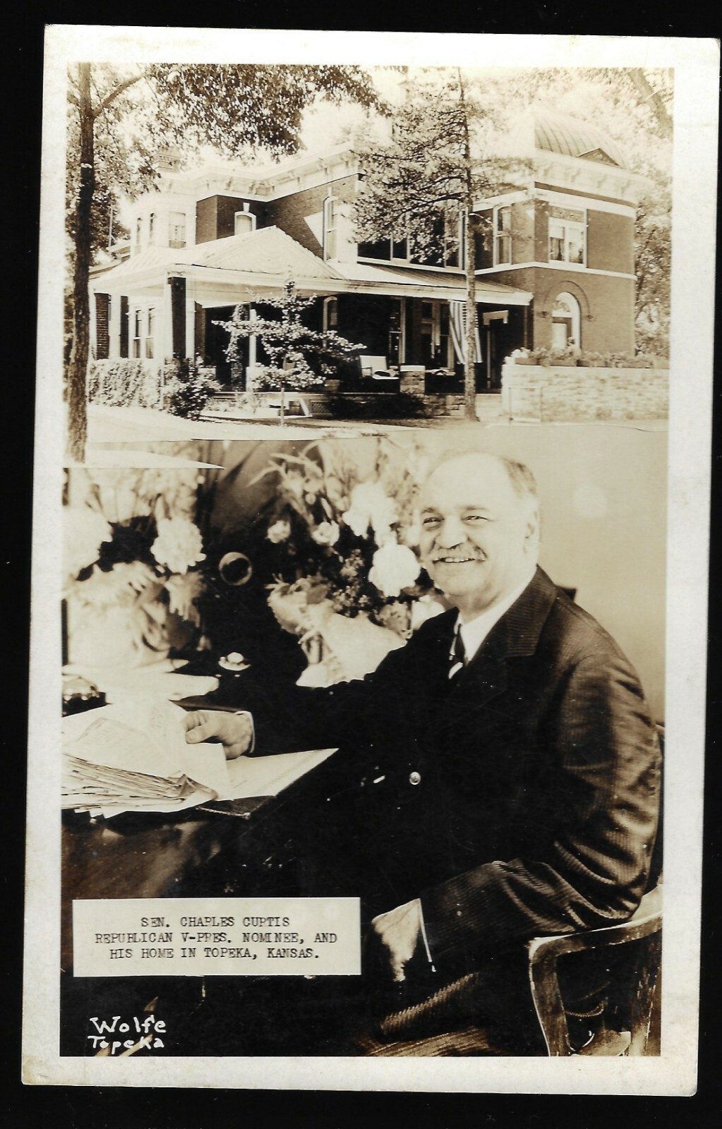 1928 Prez Campaign Postcard GOP VP Nominee Charles Curtis at Topeka KS Home