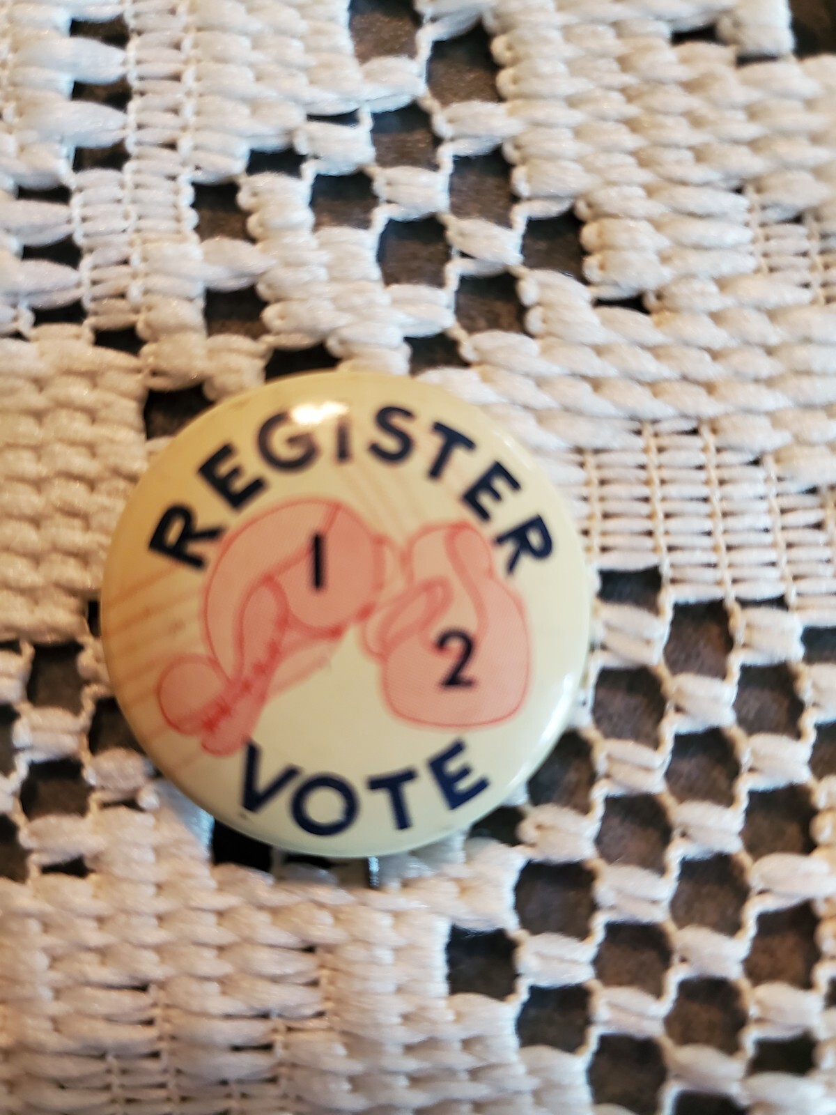 Unique Vintage “Register to Vote” button (Pin back) with boxing gloves
