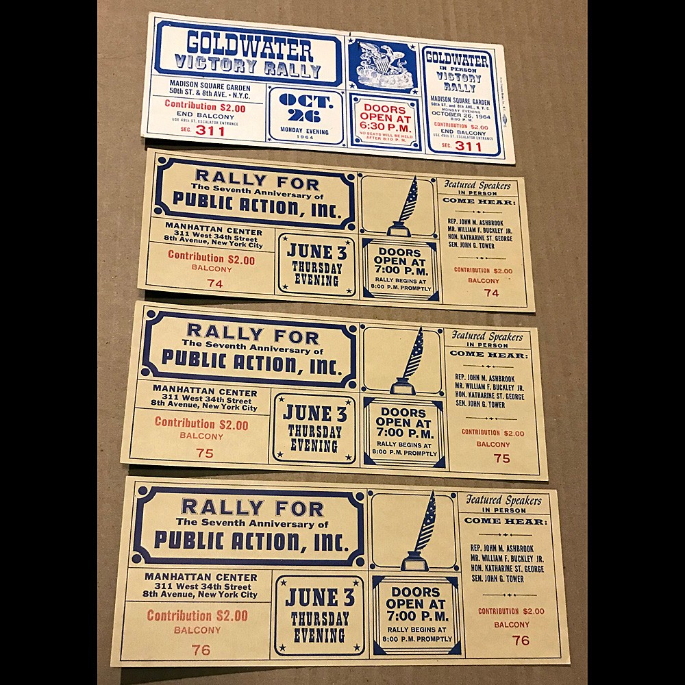 4 tickets 1960s USA Conservative GOP politics – GOLDWATER & MSG Right Wing Rally
