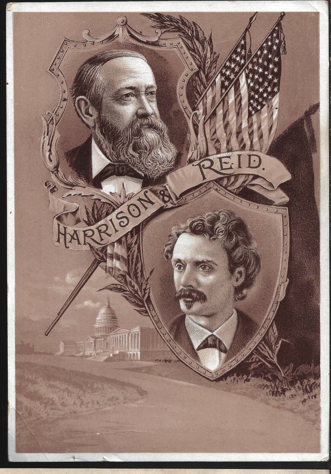 1892 Jugate Patriotic Sepia Blank-Back Card Benjamin Harrison Whitelaw Reid