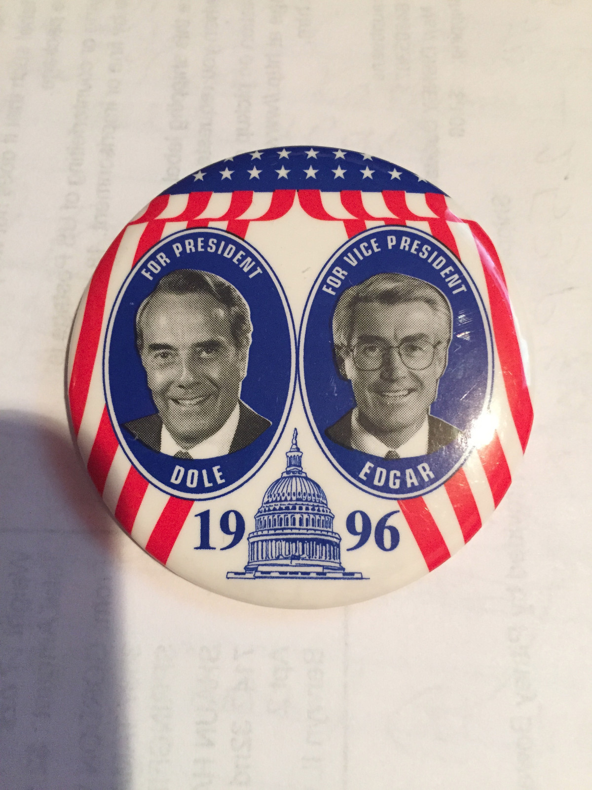 1996 Bob Dole for President Jim Edgar Illinois Gov for Vice President button pin