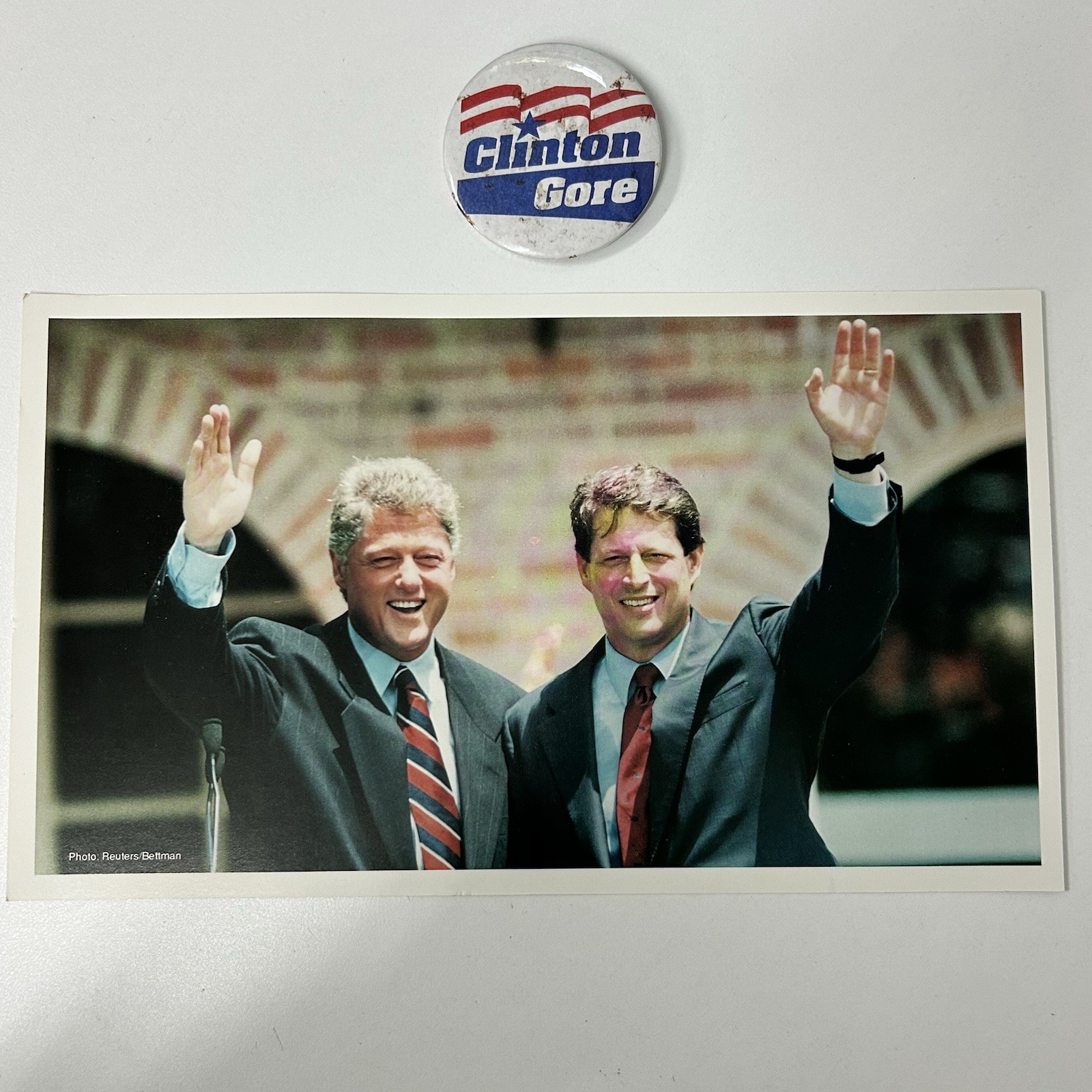 1992 Bill Clinton Al Gore Presidential Campaign Large Picture Postcard & Button