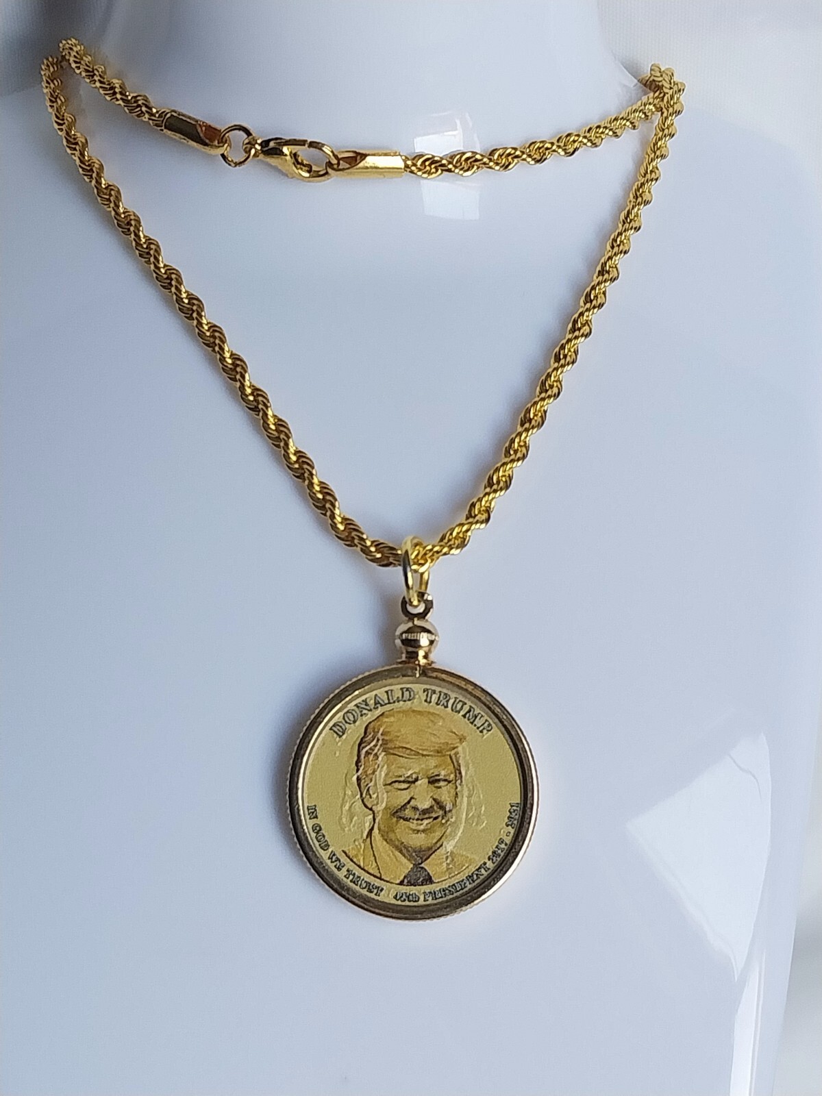 Necklace Gold Plated With Donald Trump Colorized Colletible Coin.