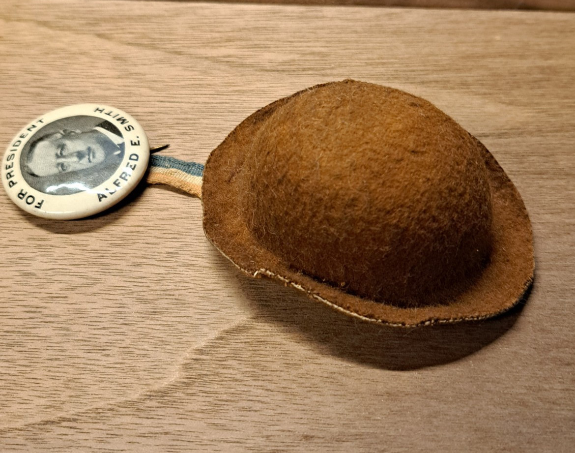 RARE 1928 Al Smith For President Campaign Pinback Button Brown Felt Derby Hat