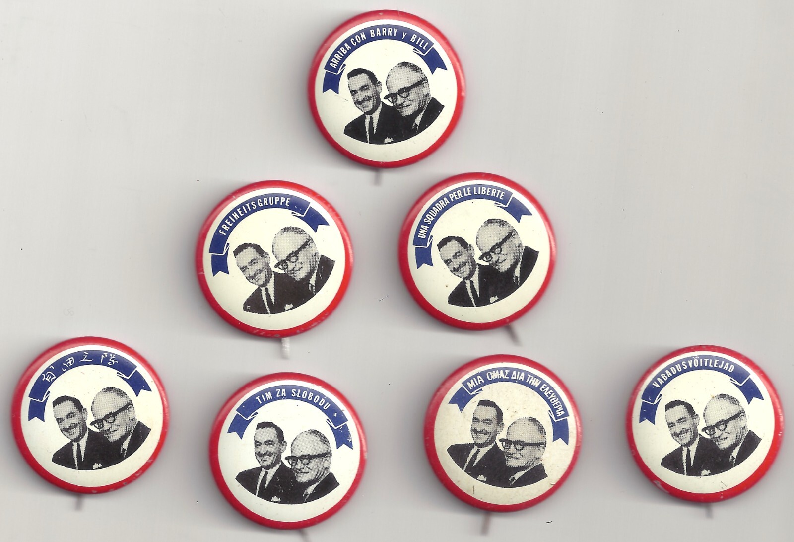 1964 Goldwater & Miller Presidential Campaign Pins ~ Lot of 7 Dif. Languages