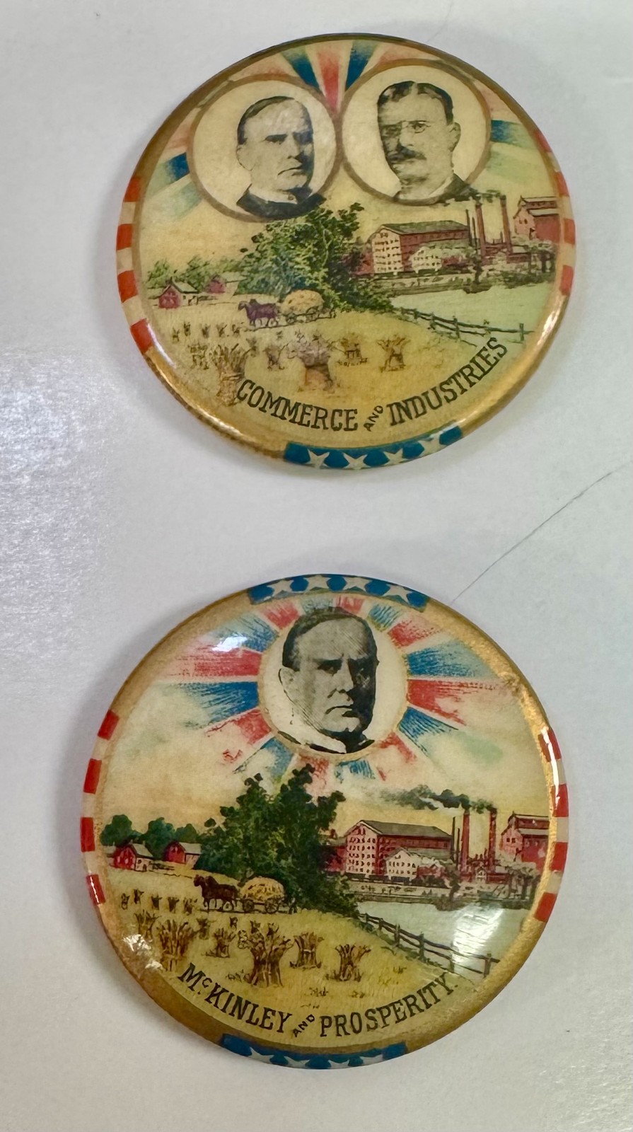 SCARCE 1900 WILLIAM McKINLEY CAMPAIGN BUTTON PAIR-1 1/4″, COLORFUL & GRAPHIC-EXC