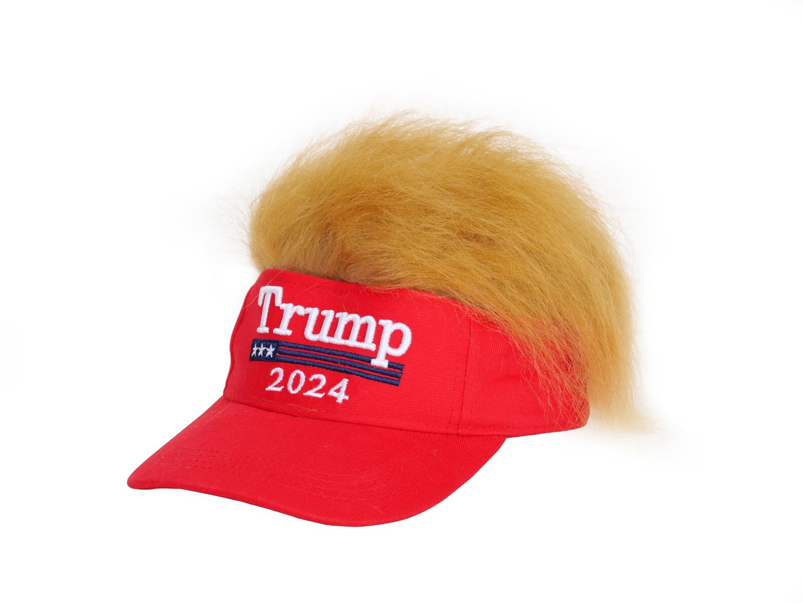 2024 President Donald TRUMP Red Trumpy Visor Hat w/Gold Hair Golf Cap Wig MAGA