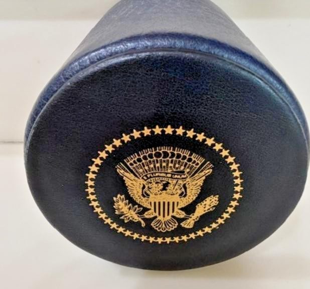 President Donald J. Trump Pencil Holder in Blue Leather with Presidential Seal