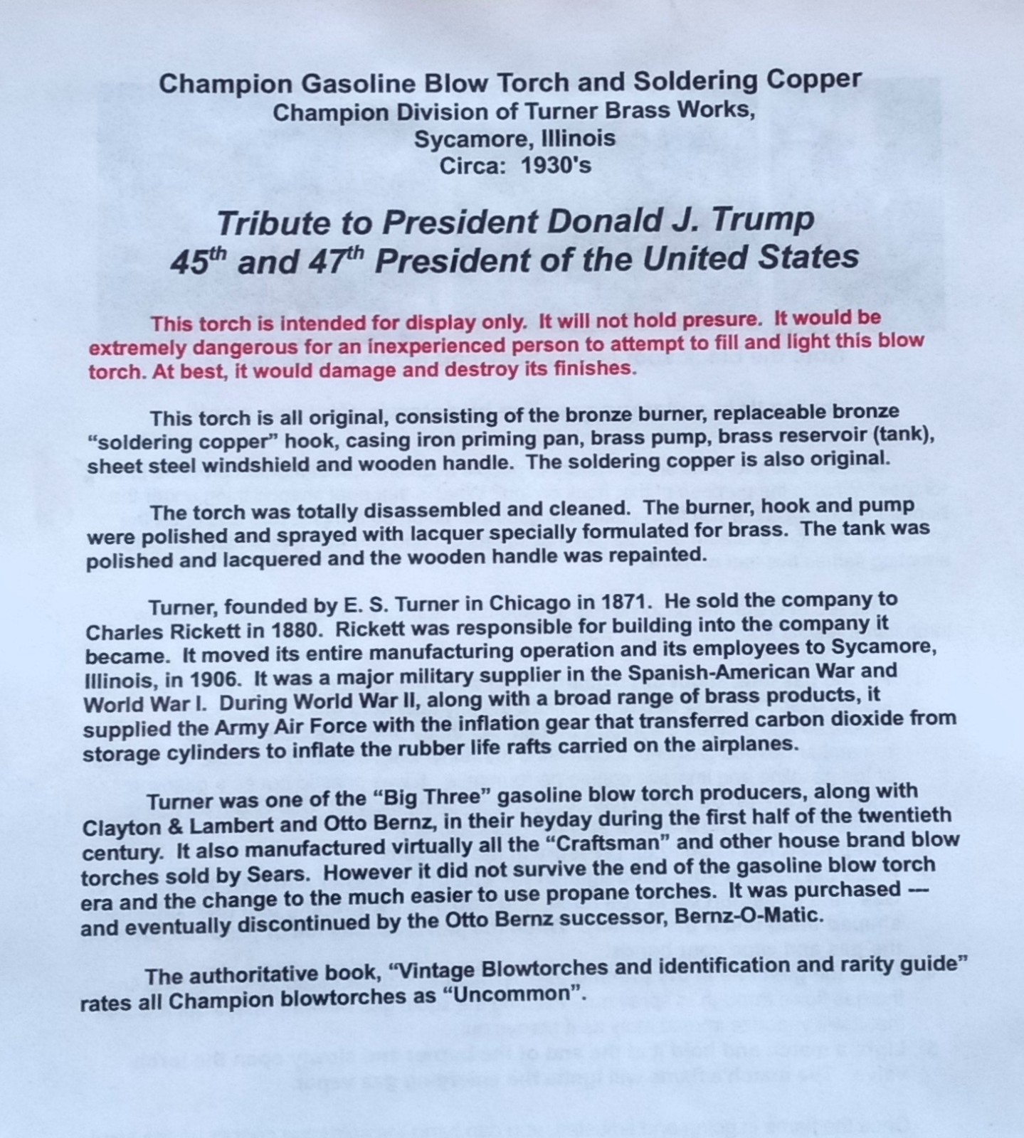 Donald Trump Supporter, Restored Vintage “Champion” Solid Brass Blow Torch