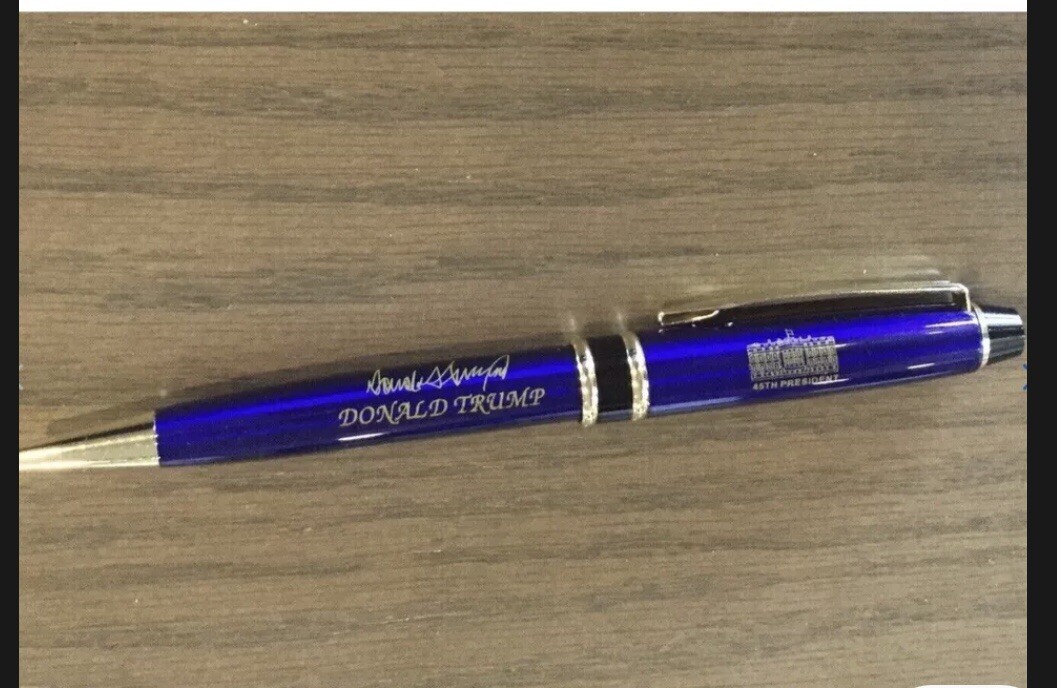 2 PENS WHITE HOUSE BLUE METAL + EAGLE SEAL PEN RED + FUN MONEY REPUBLICAN MAGA