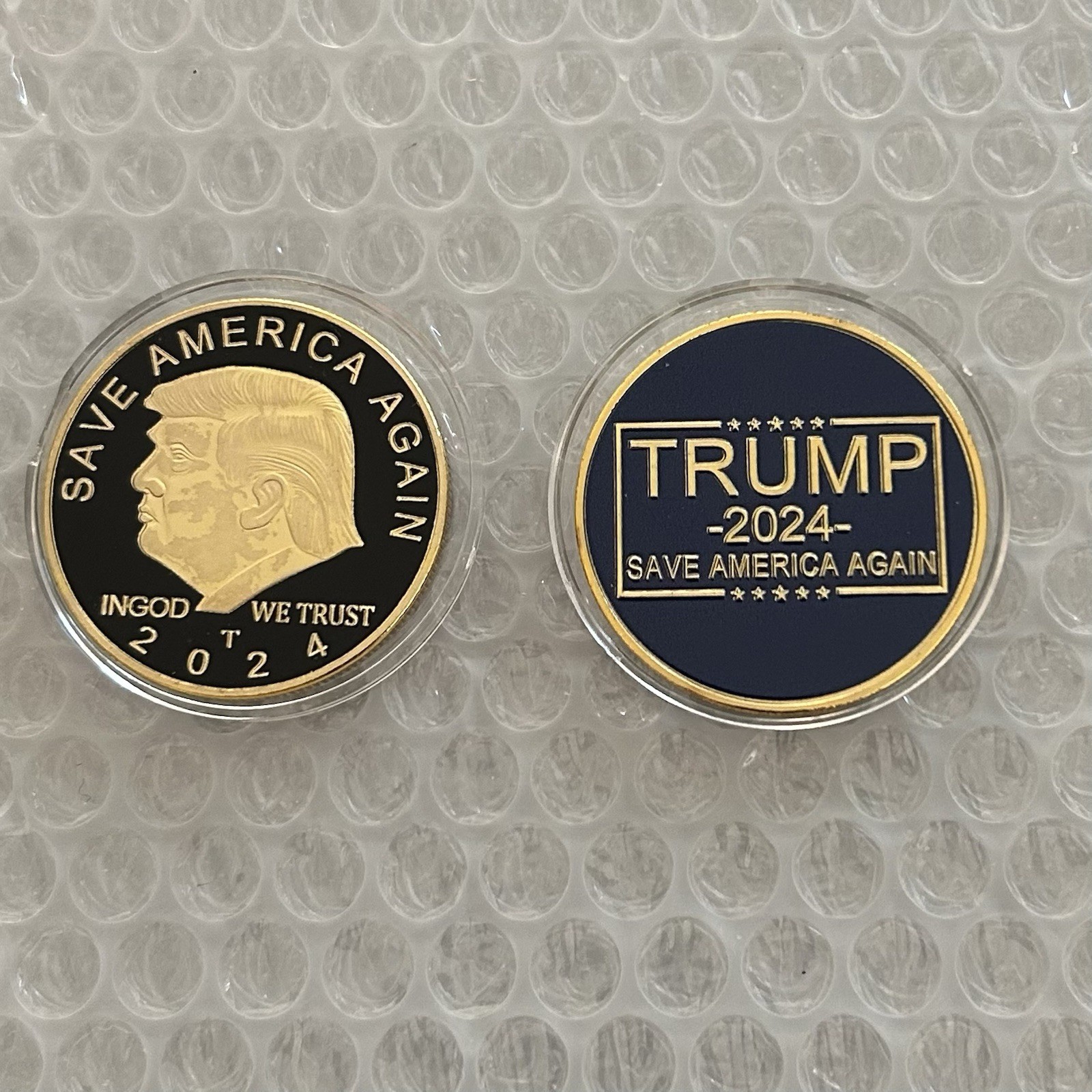 CHALLENGE COIN (2) SAVE AMERICA TRUMP GOLD 2024 REPUBLICAN MAGA BLUE & BLACK