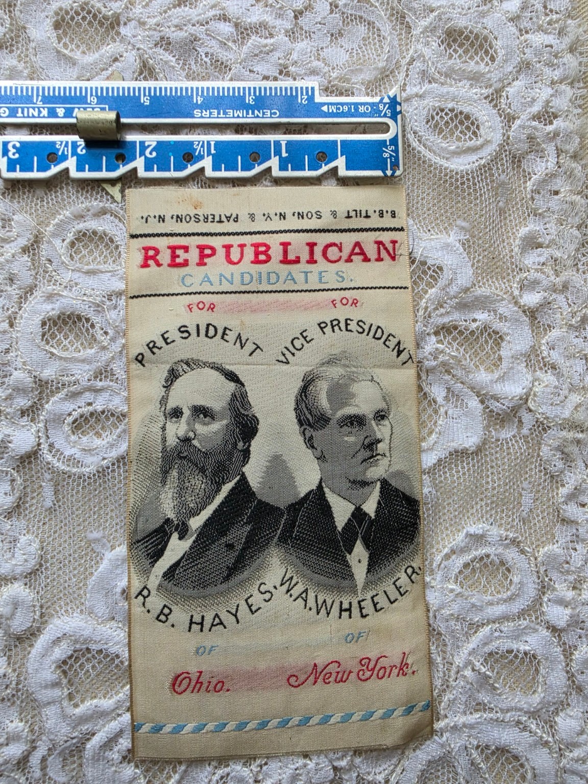 1876 Hayes Wheeler Silk Jugate Ribbon B.B. Tilt Republican