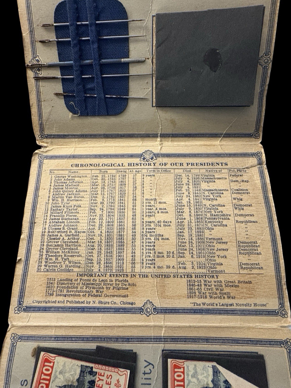 1926 OUR PRESIDENTS HISTORICAL NEEDLE BOOK N SHURE CO CHICAGO, ILLINOIS