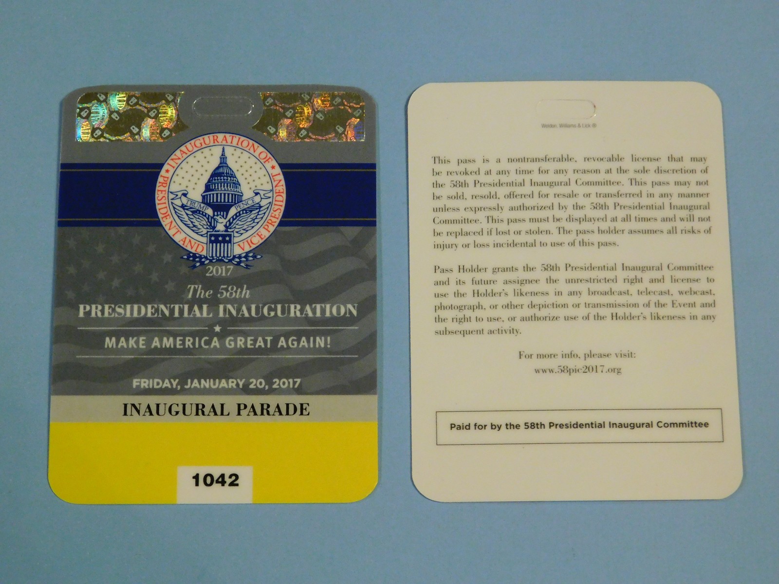 10 Trump Inaugural Parade VIP/Donors YELLOW Plastic Credentials Pass Ticket 3×4