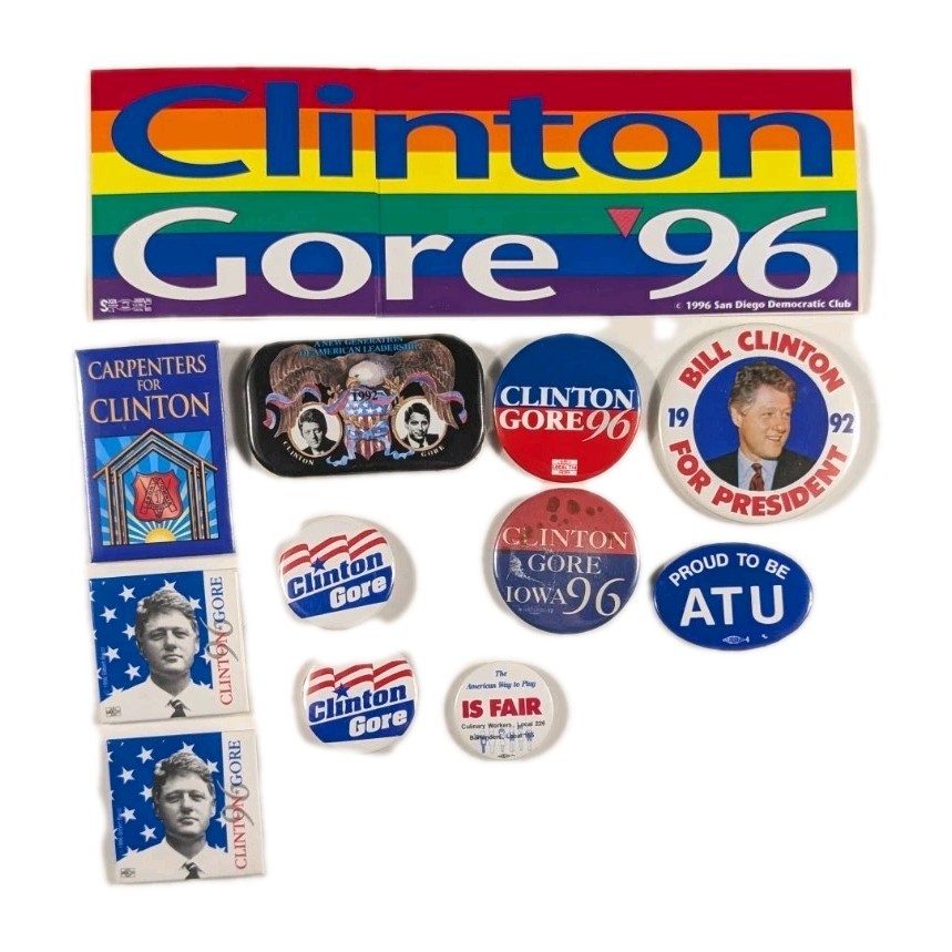 Political Campaign Button Lot + Bumper Sticker Clinton Gore Pins Vintage 90s