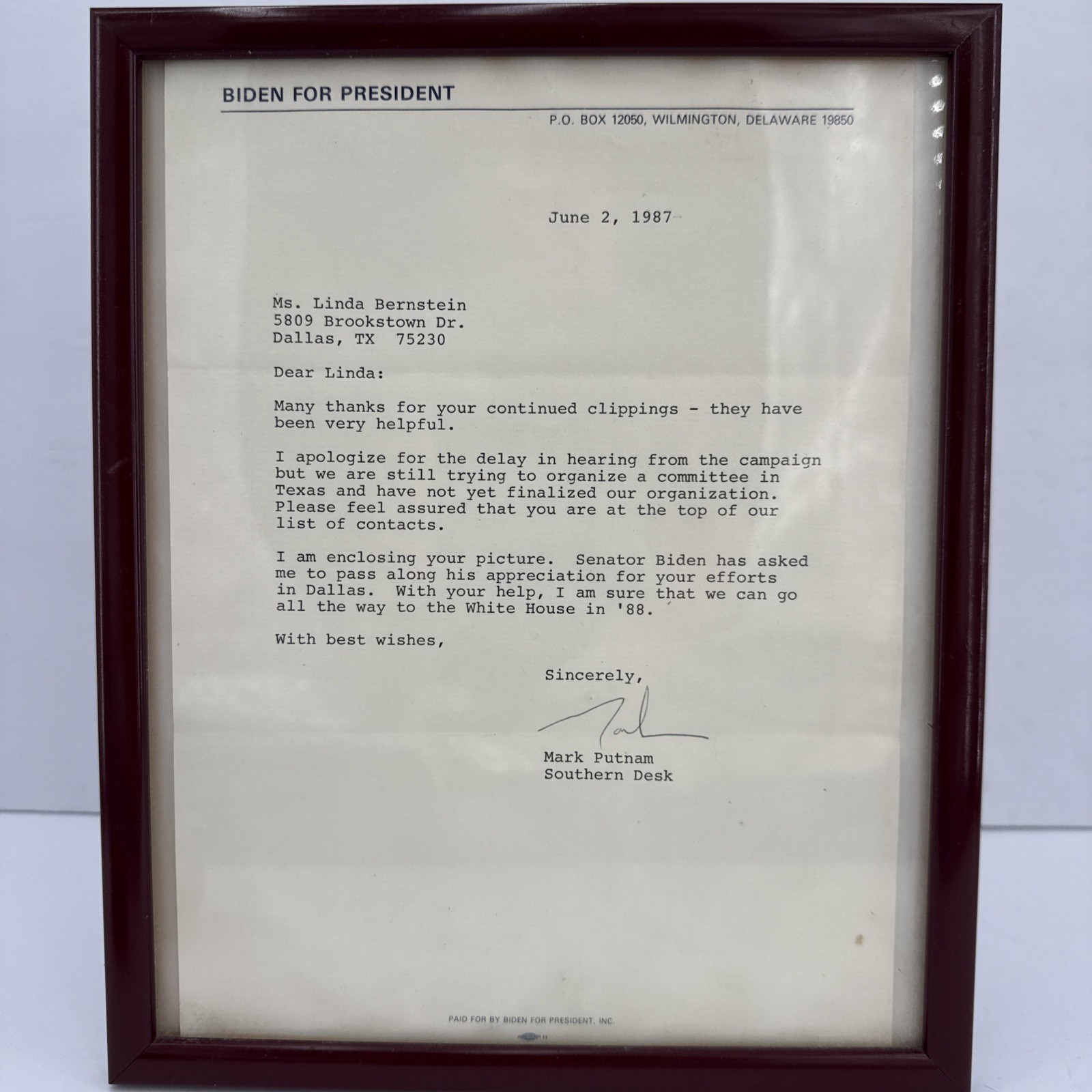 1987 Biden For President Campaign Letter Original Dallas TX Political