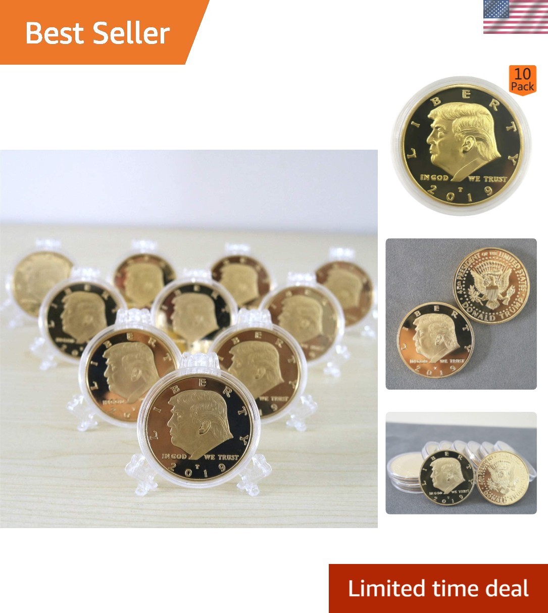 Gold-Plated 2019 Trump Commemorative Coins – 10 Count Gift Set for Collectors