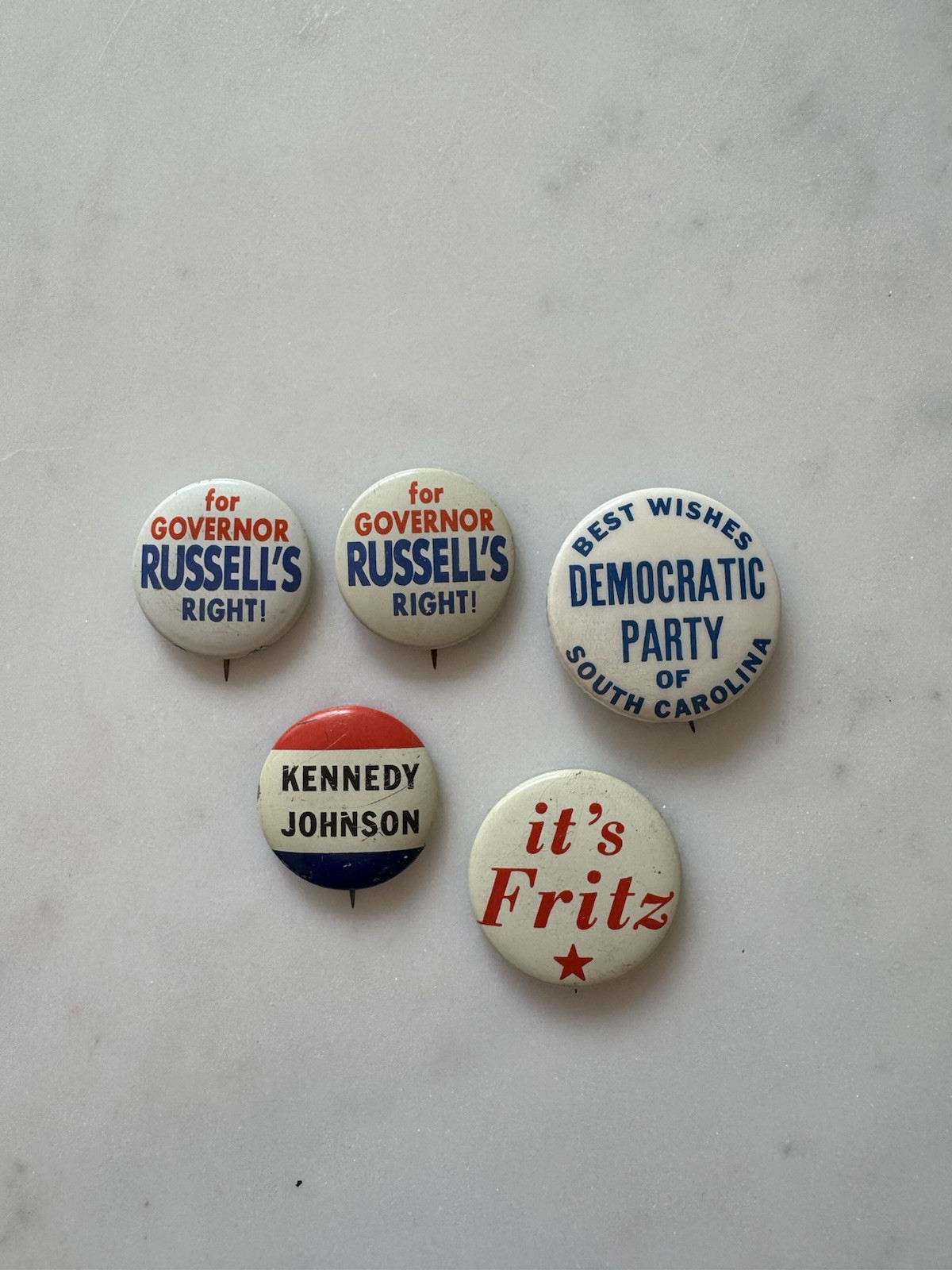Political Campaign Buttons– Kennedy/Johnson, Fritz Hollings, Donald Russell SC