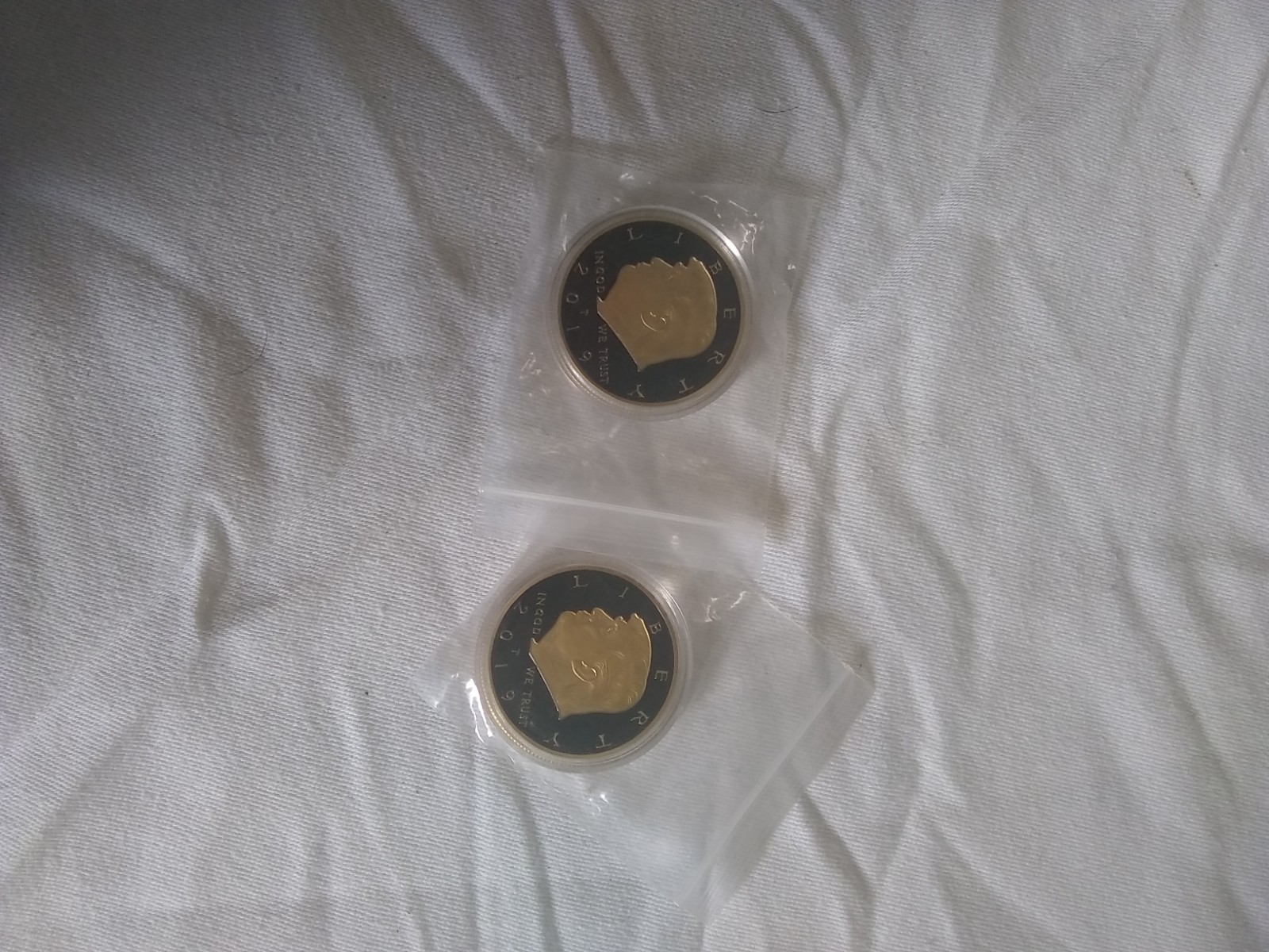 TWO Donald Trump Liberty 2019 Gold/Blue Coin. In God We Trust. Seal of Us