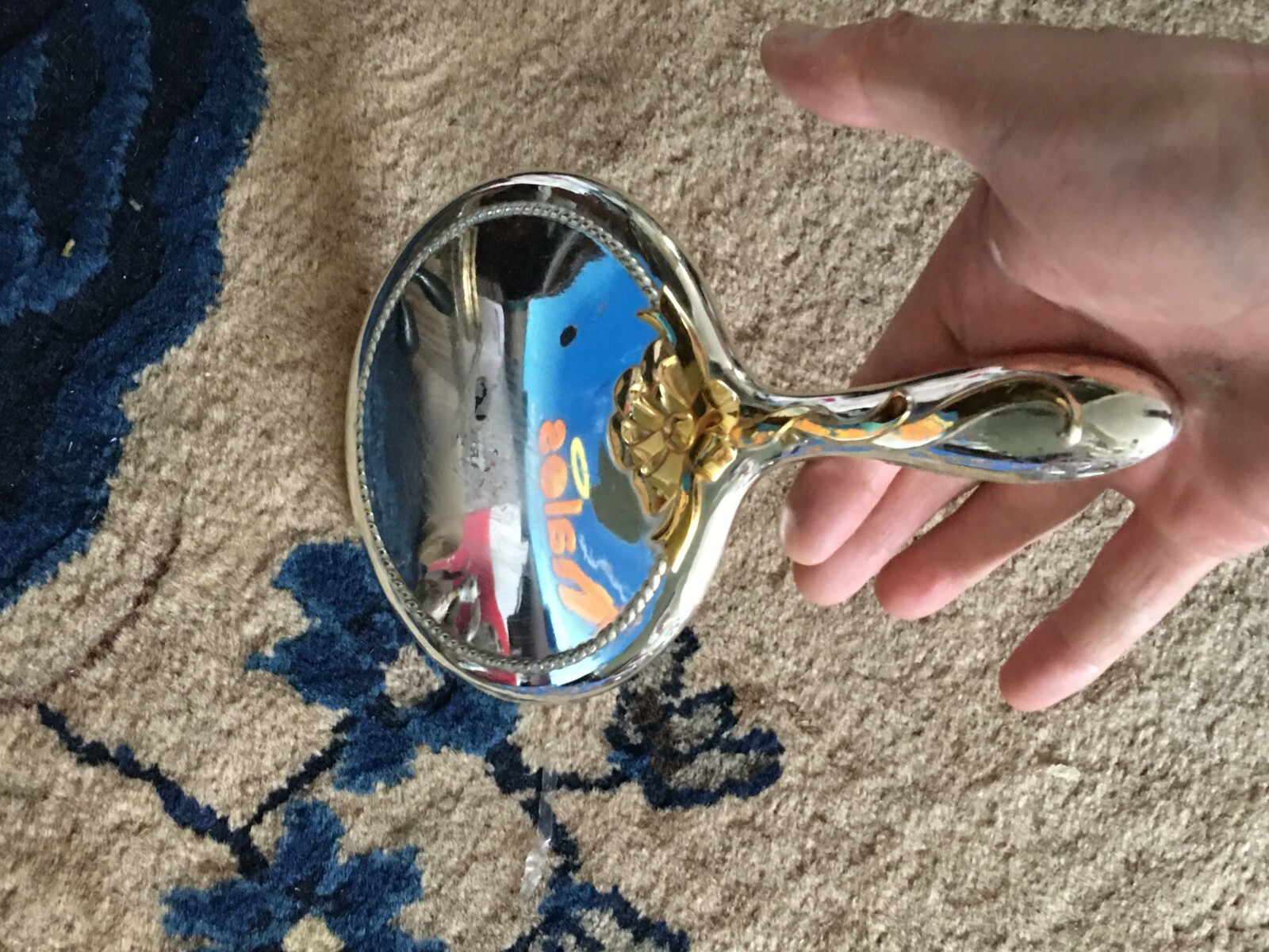 Heavy Vintage Silver Plated Ornate Vanity Hand Mirror w/Gold tone flowers 9.5″ L