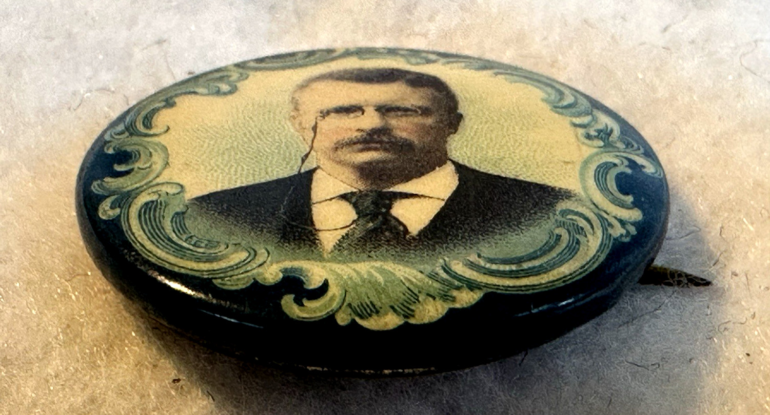 Rare 1904 Photographic Portrait Theodore Roosevelt Campaign Pin Rare Blue Border