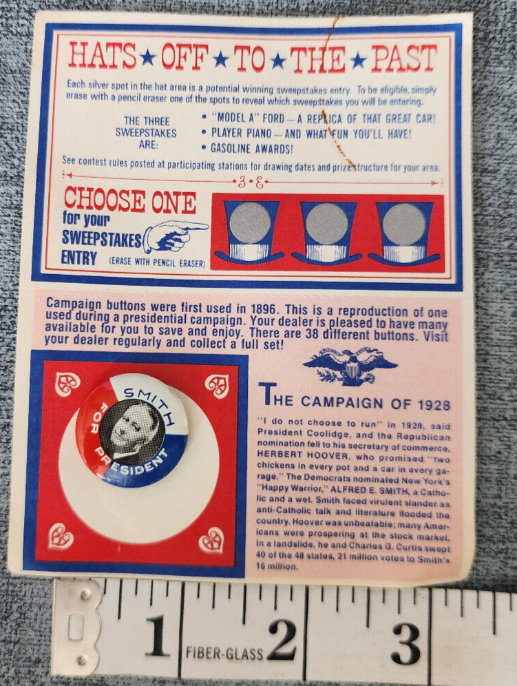 Vintage Hats Off To The Past Alfred E. Smith for President Pin And Scratch Card