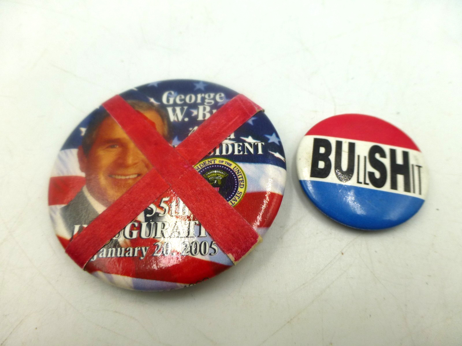 Two Negative George W. Bush Buttons, BUllSHit &anti 2005 Inauguration (Homemade)
